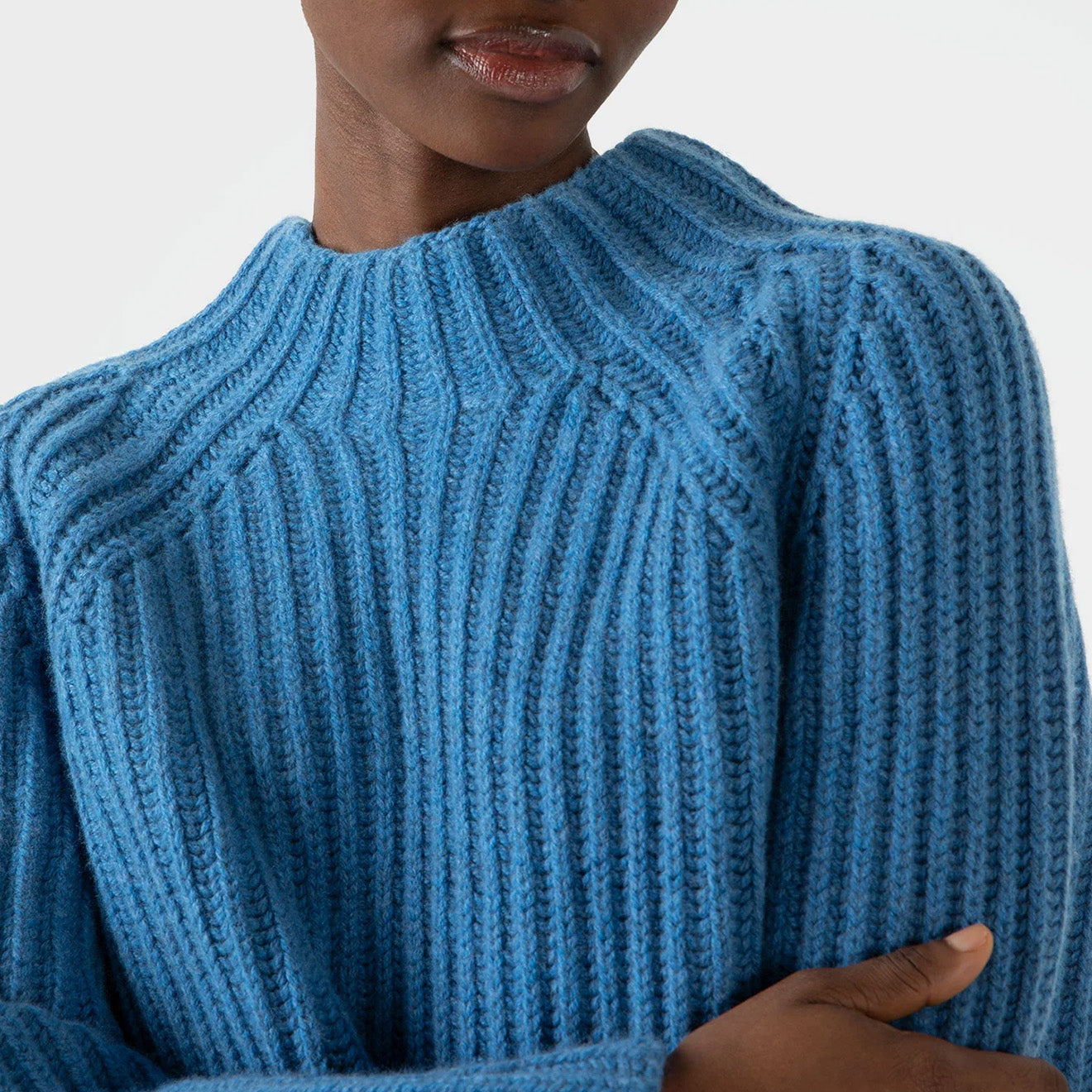 Sunspel Womens Lambswool Chunky Funnel Neck Jumper Blue Jean - The Sporting Lodge