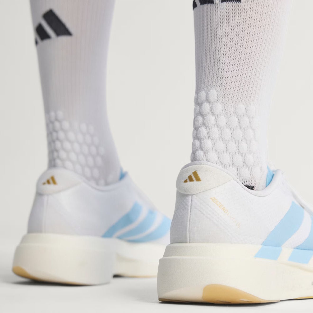 Adidas Adizero Evo SL Woven Trainer Cloud White / Clear Blue / Matte Gold - The Sporting Lodge