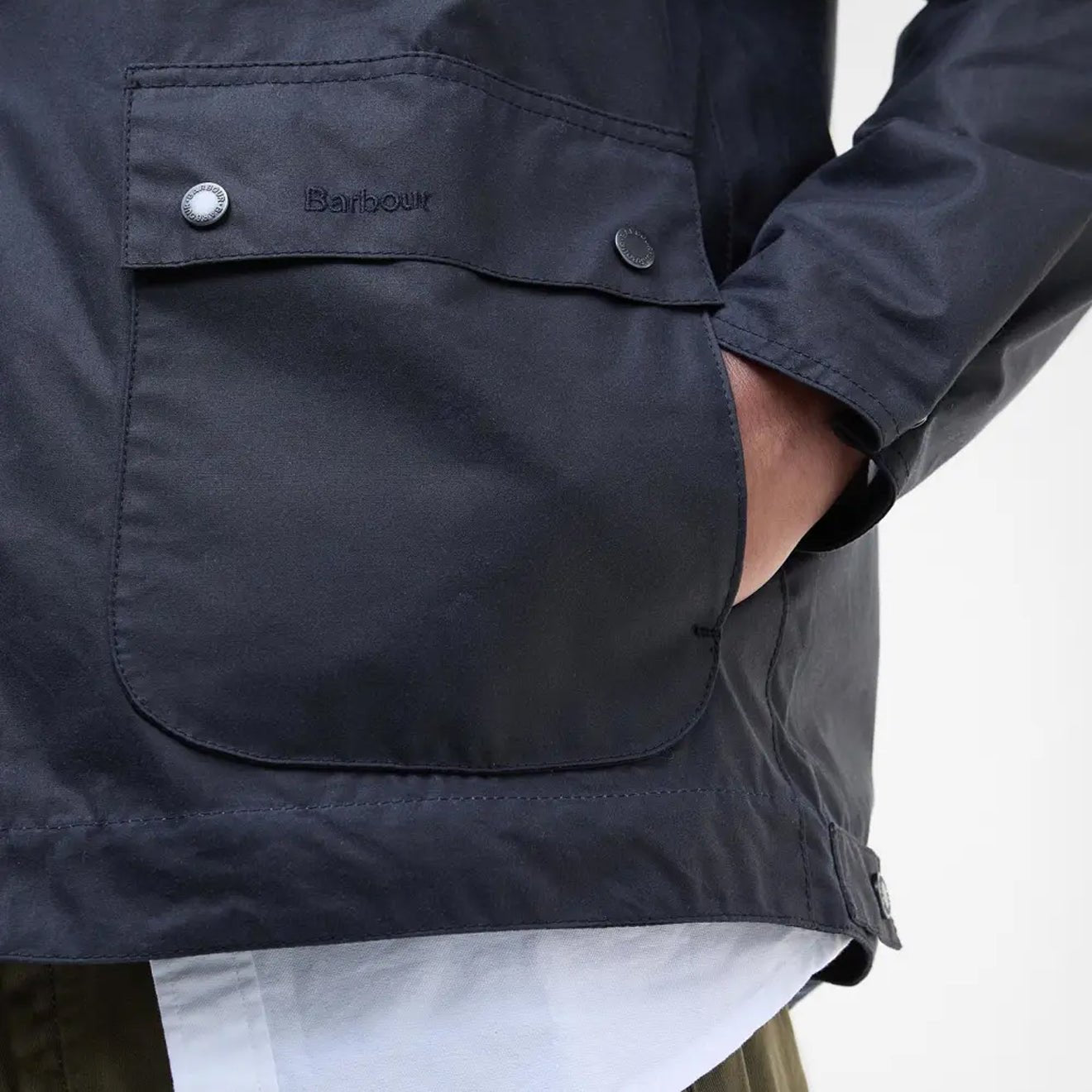 Barbour Bedale Short Waxed Jacket Navy front pocket detail with flap and press studs