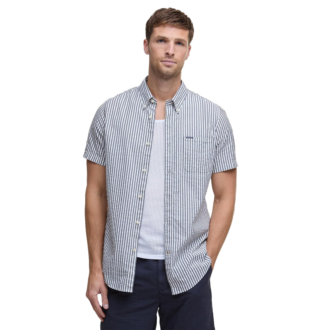 Barbour Cresswell Seersucker Summer Fit Shirt Navy - The Sporting Lodge