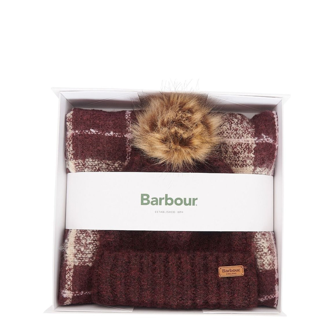 Barbour Saltburn Beanie And Tartan Scarf Gift Set Cabernet - The Sporting Lodge