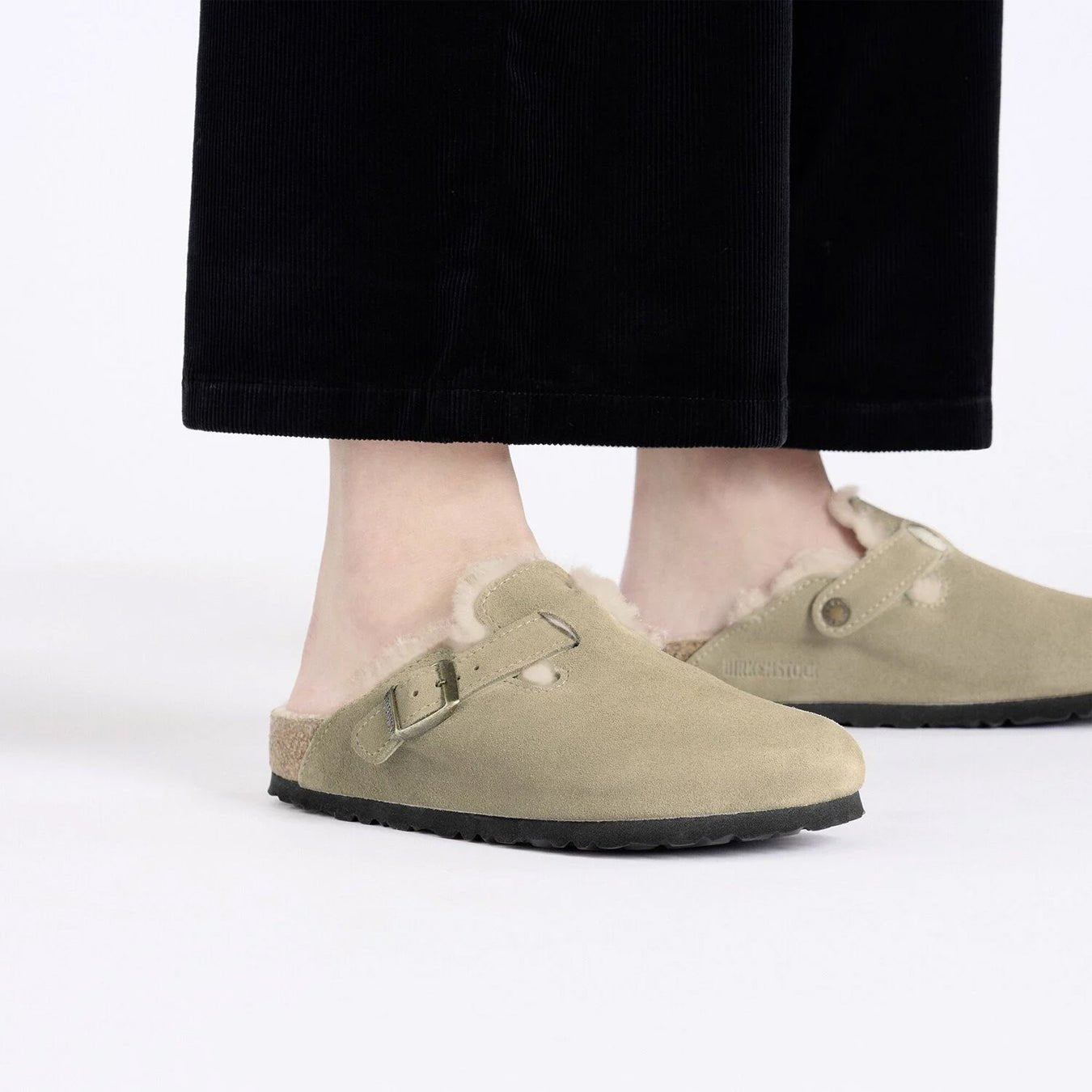 Birkenstock Womens Boston Shearling Suede Leather Narrow Fit Taupe - The Sporting Lodge