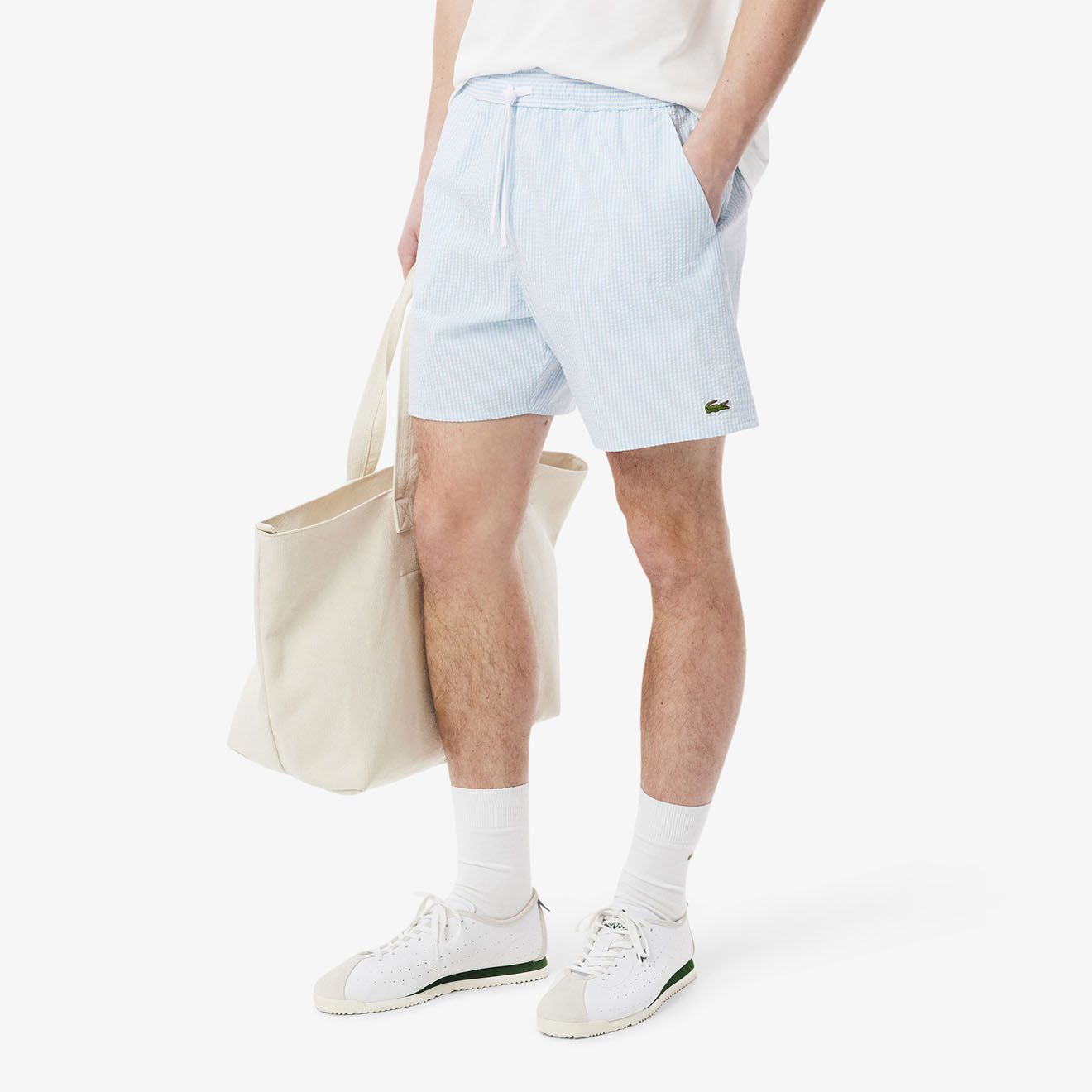 Lacoste Mid Length Striped Textured Swim Trunks White/Light Blue - The Sporting Lodge