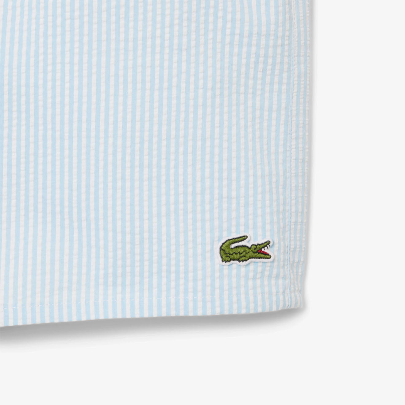 Lacoste Mid Length Striped Textured Swim Trunks White/Light Blue - The Sporting Lodge