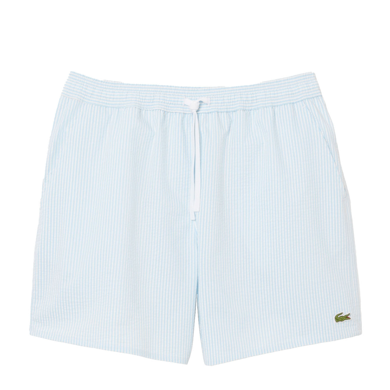 Lacoste Mid Length Striped Textured Swim Trunks White/Light Blue - The Sporting Lodge
