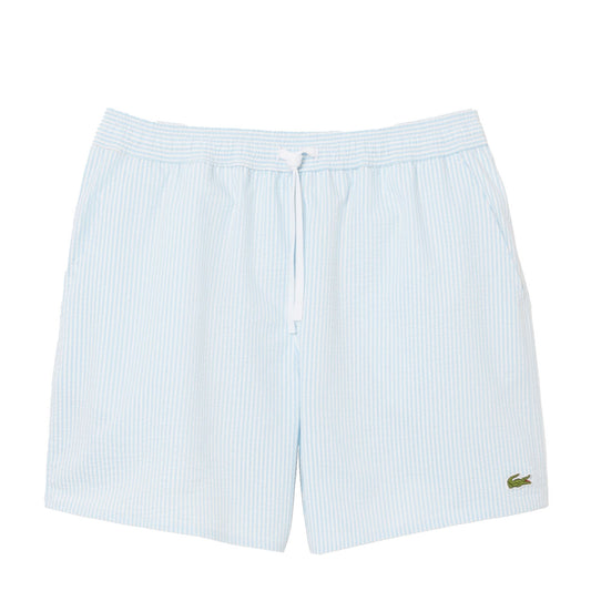 Lacoste Mid Length Striped Textured Swim Trunks White/Light Blue - The Sporting Lodge