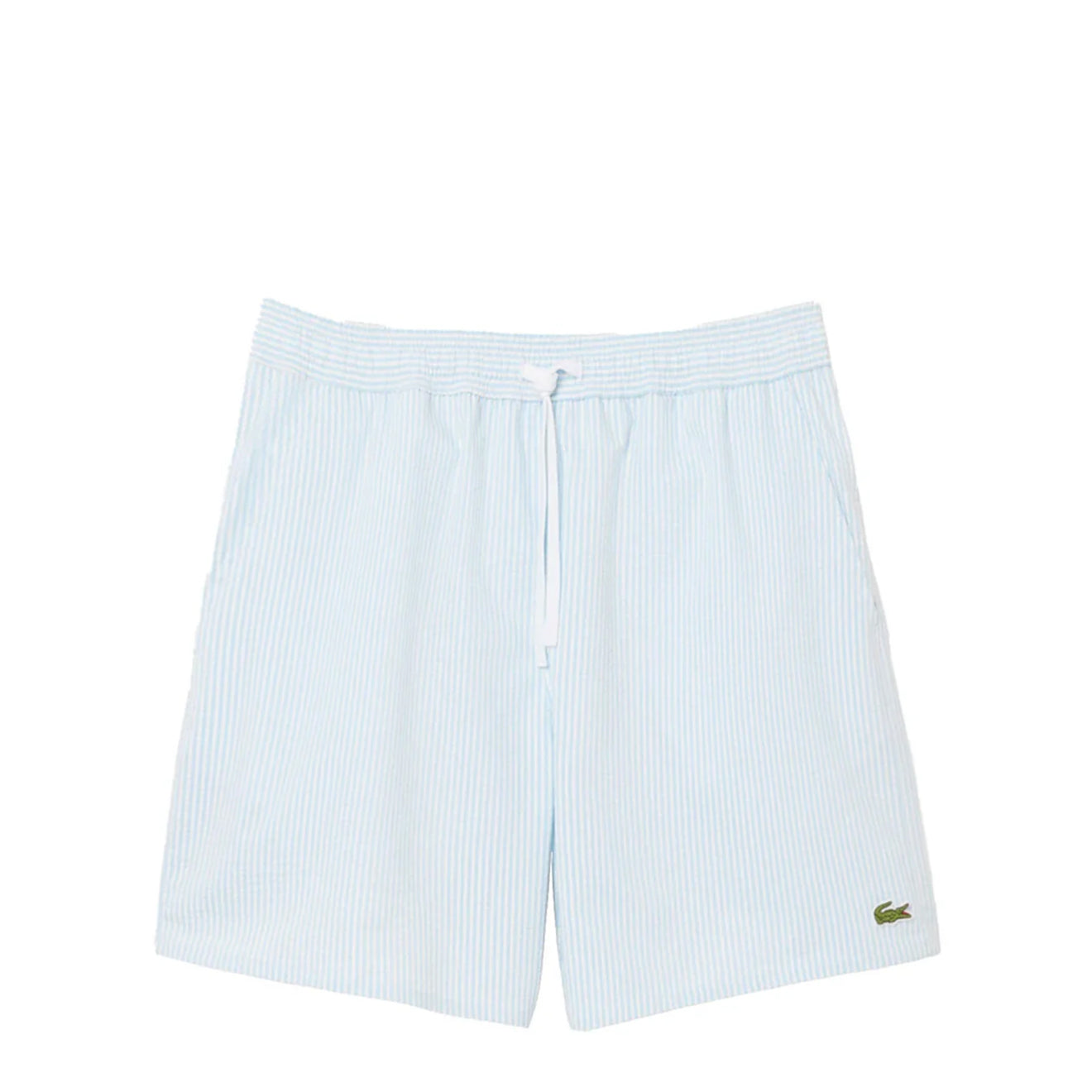 Lacoste Mid Length Striped Textured Swim Trunks White/Light Blue - The Sporting Lodge