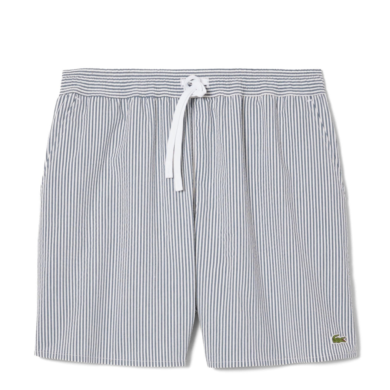 Lacoste Mid Length Striped Textured Swim Trunks White/Navy - The Sporting Lodge