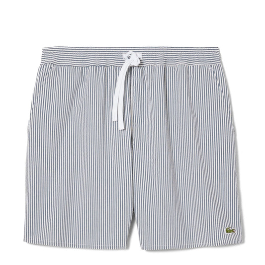 Lacoste Mid Length Striped Textured Swim Trunks White/Navy - The Sporting Lodge