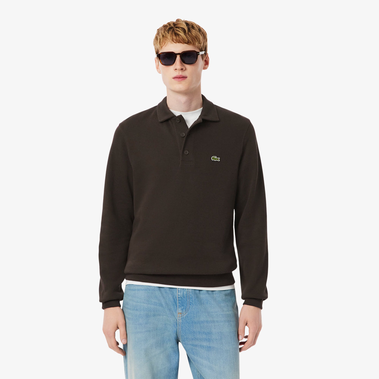 Lacoste Ribbed Cotton Polo Collar Sweatshirt Brown