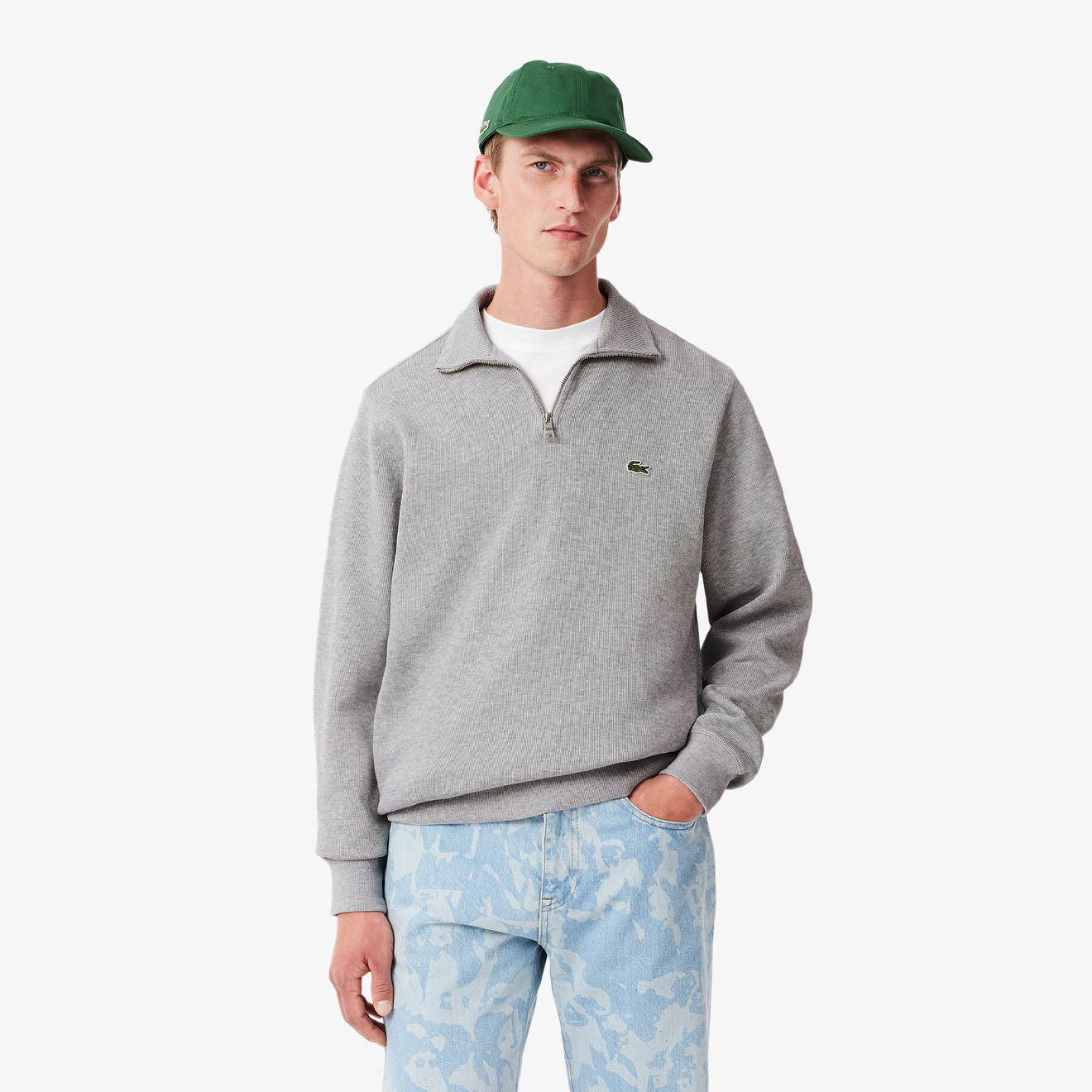 Lacoste Zip-Up High Neck Interlock Sweatshirt Light Heathered Grey - The Sporting Lodge