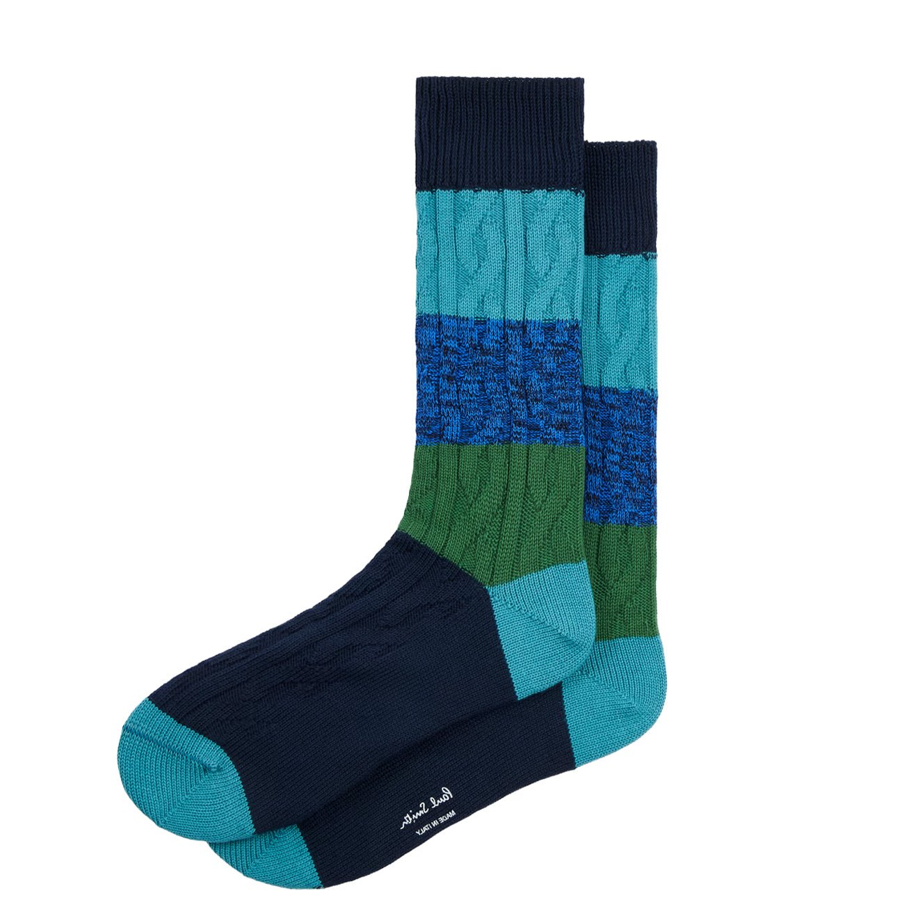 Paul Smith Cable Knit Block Stripe Socks Blue / Aqua / Green - The Sporting Lodge