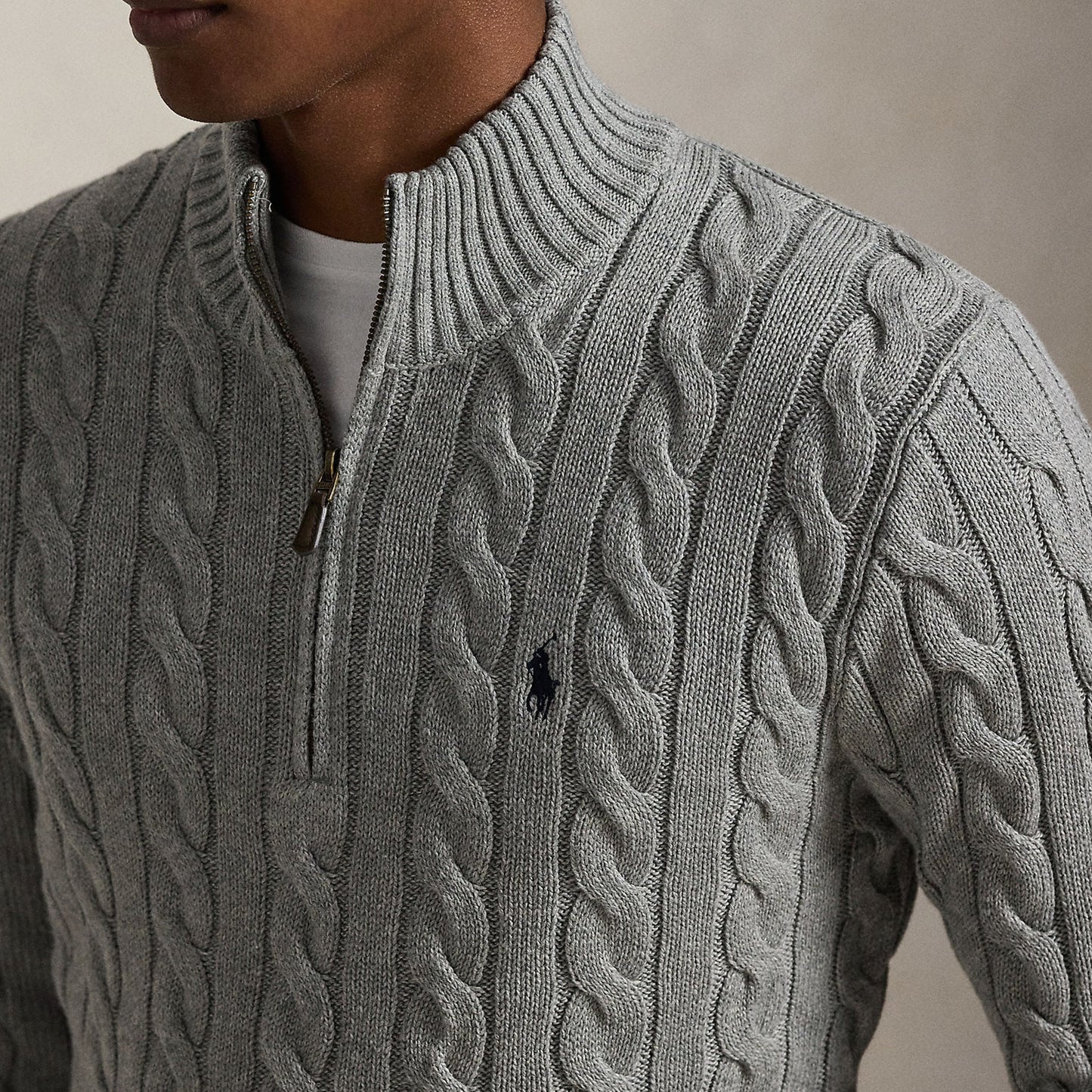 Polo Ralph Lauren Cable-Knit Cotton Quarter-Zip Jumper Fawn Grey Heather