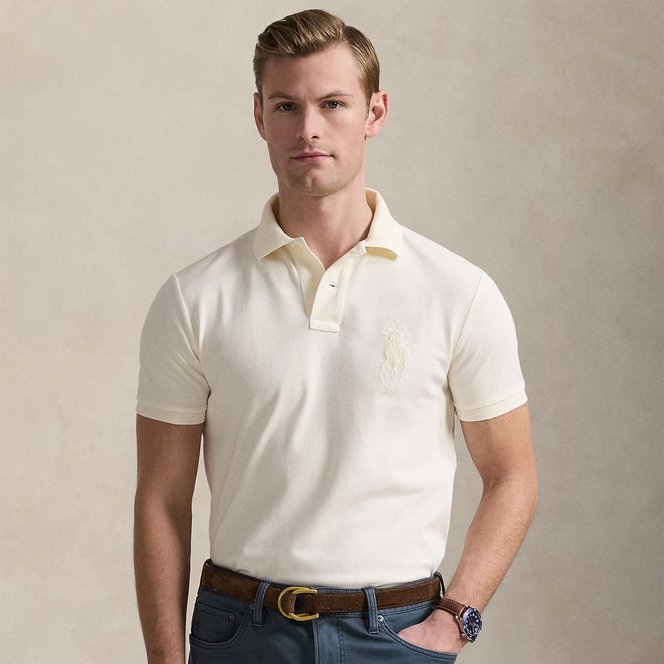 Polo Ralph Lauren Custom Slim Fit Big Pony Mesh Polo Shirt Clubhouse Cream - The Sporting Lodge