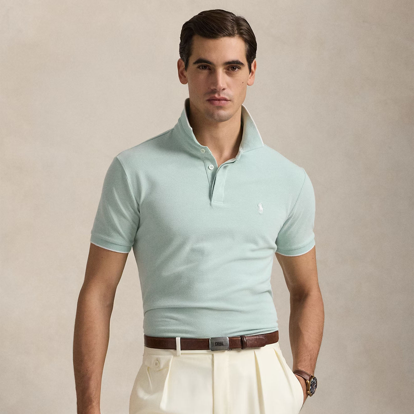 Polo Ralph Lauren Custom Slim Fit Stretch Oxford Mesh Polo Celadon/White - The Sporting Lodge