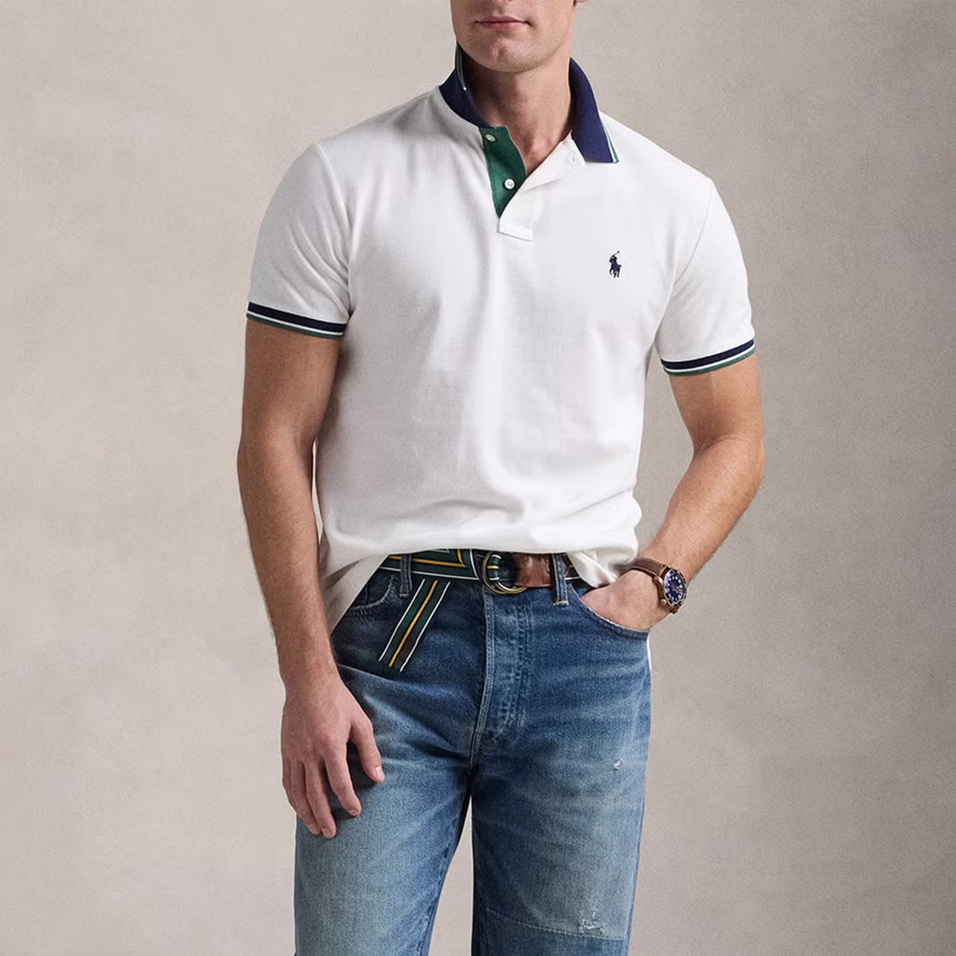 Polo Ralph Lauren Custom Slim Fit Tipped Mesh Polo Shirt White / Antique Green - The Sporting Lodge