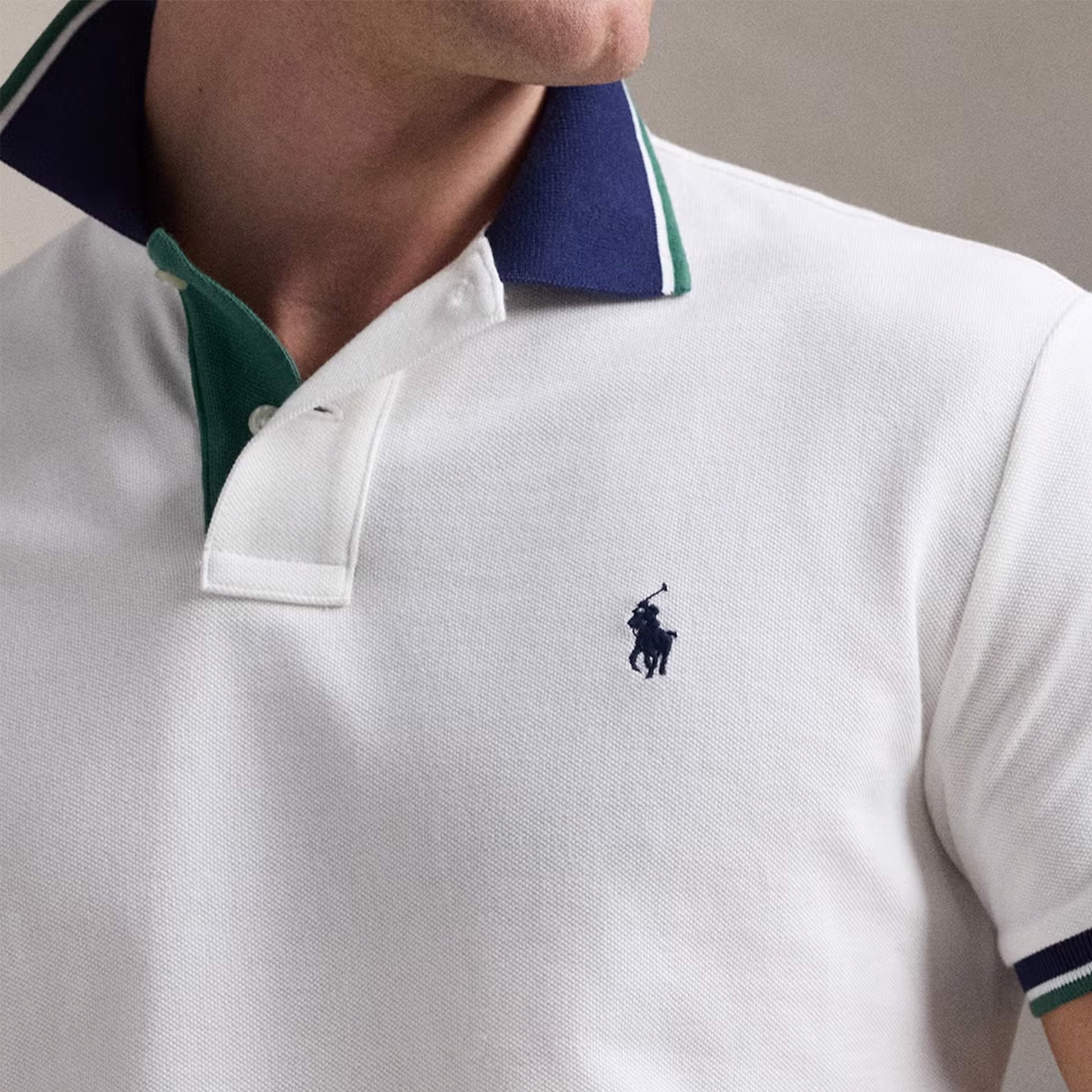 Polo Ralph Lauren Custom Slim Fit Tipped Mesh Polo Shirt White / Antique Green - The Sporting Lodge