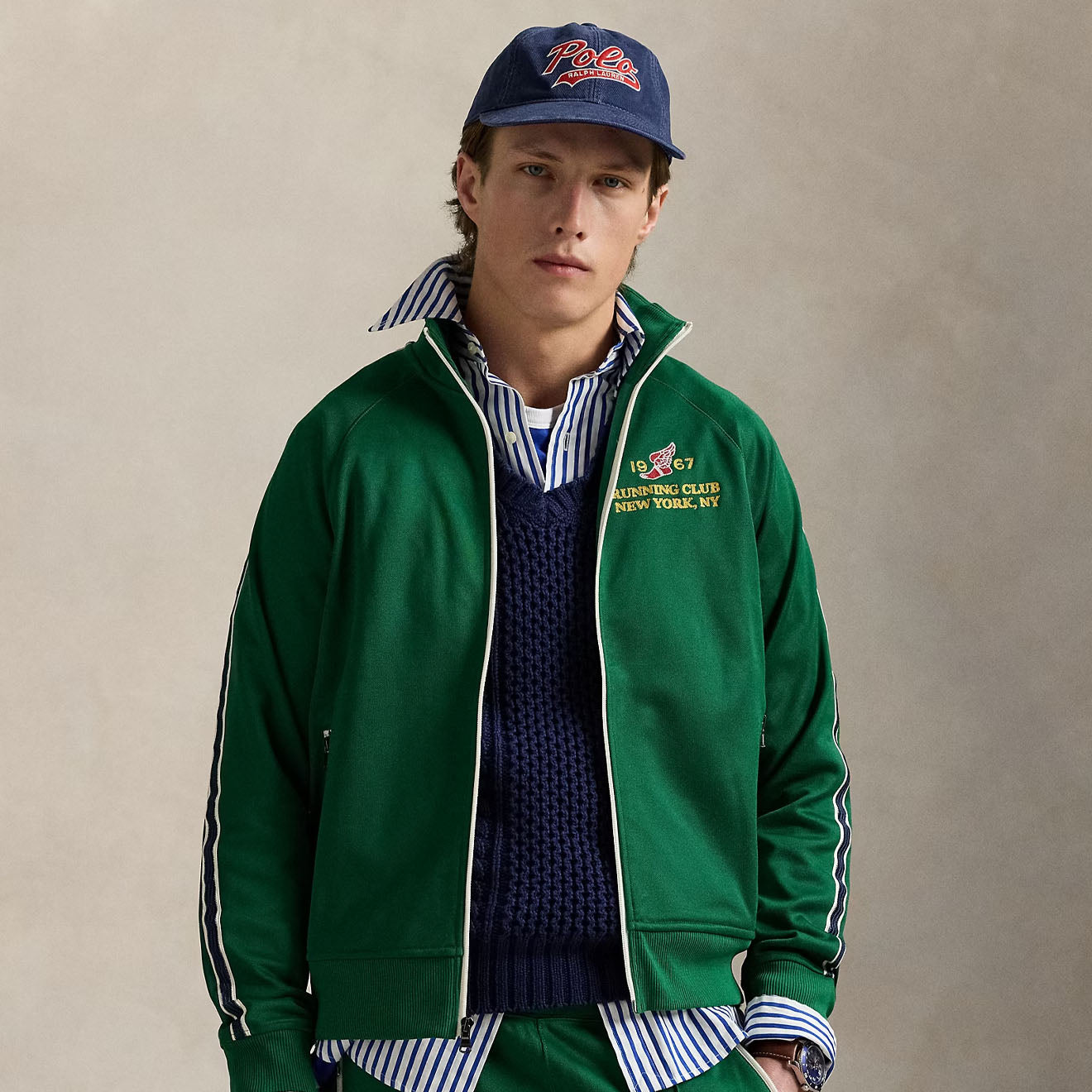 Polo Ralph Lauren Embroidered Plaited Tricot Track Jacket Tennis Green - The Sporting Lodge