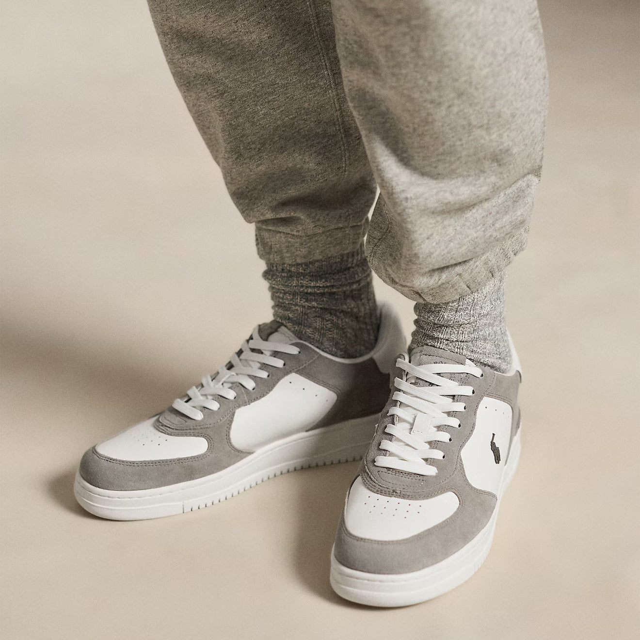 Polo Ralph Lauren Masters Court Leather Suede Trainer Earth Grey / Deckwash White