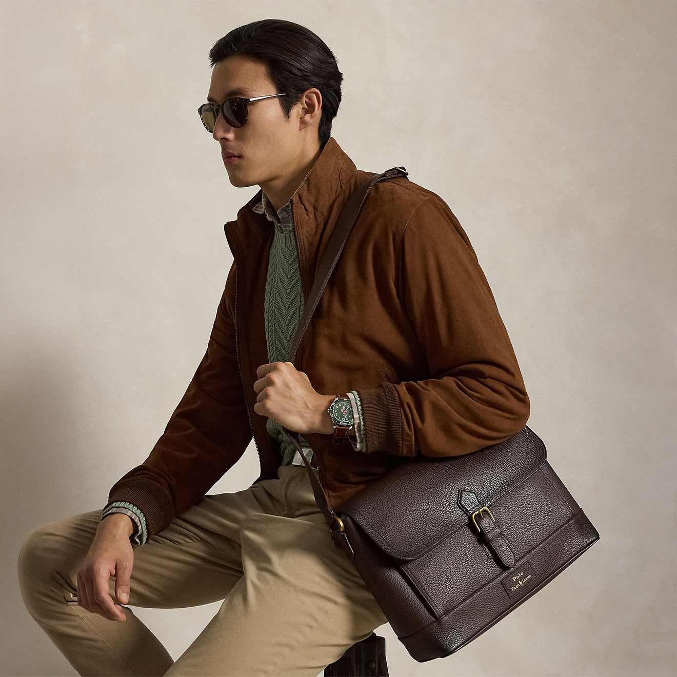 Polo Ralph Lauren Pebbled Leather Messenger Bag Dark Brown
