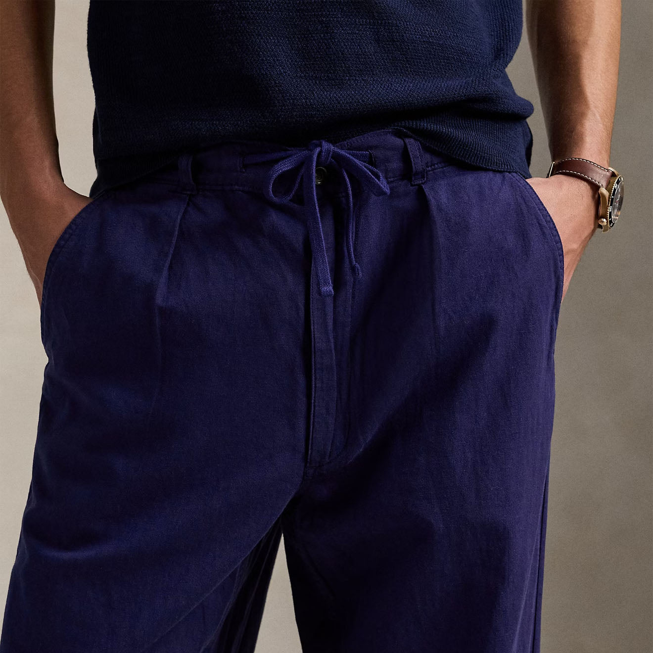 Polo Ralph Lauren Pleated Cotton Linen Pants Newport Navy - The Sporting Lodge