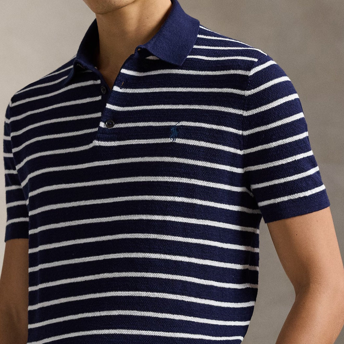 Polo Ralph Lauren Striped Cotton - Linen Polo Sweater Bright Navy Combo