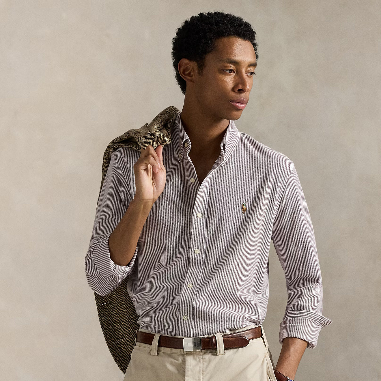 Polo Ralph Lauren Striped Knit Oxford Shirt Classic Wine / White - The Sporting Lodge