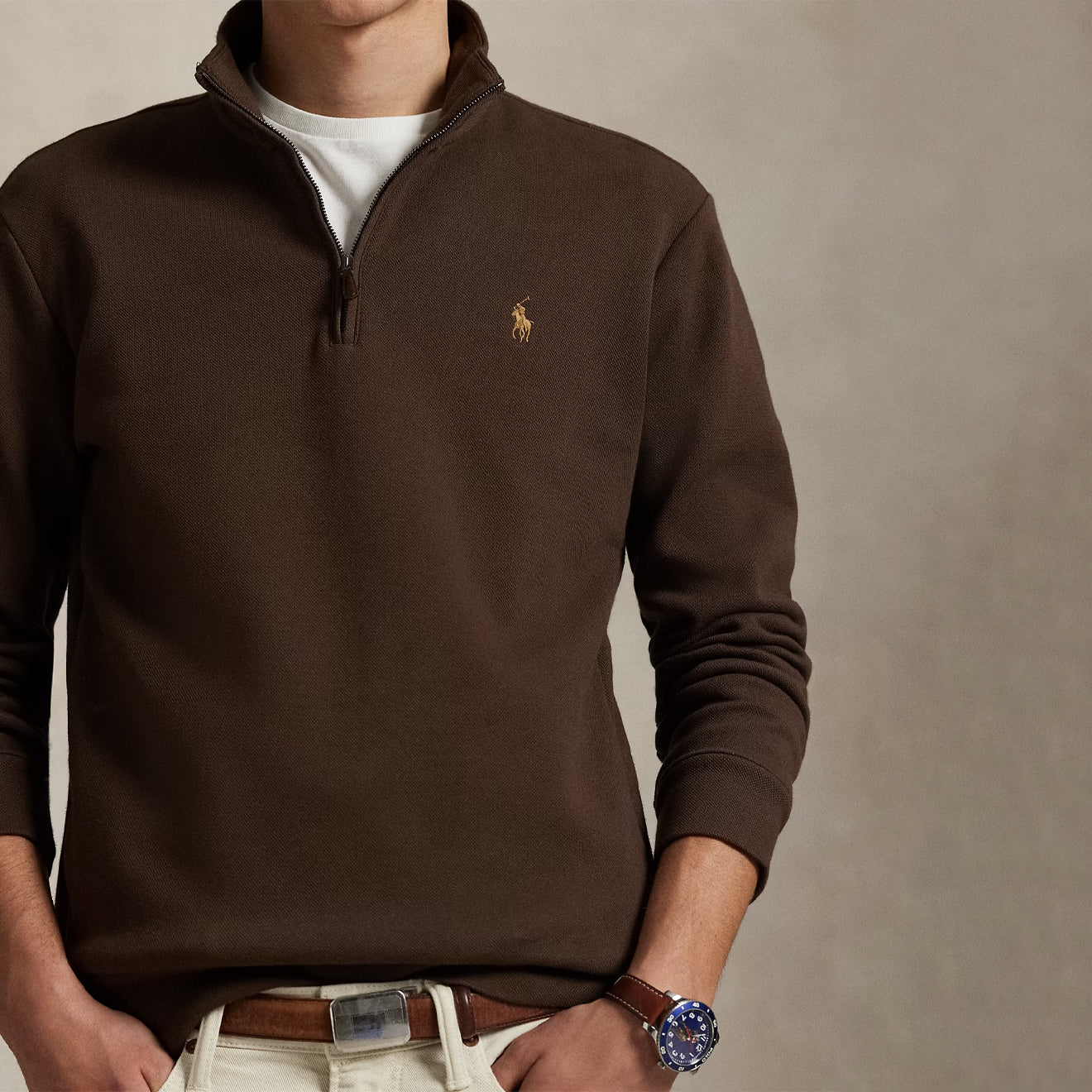 Polo Ralph Lauren Double-Knit Mesh Quarter-Zip Pullover Nutmeg Brown