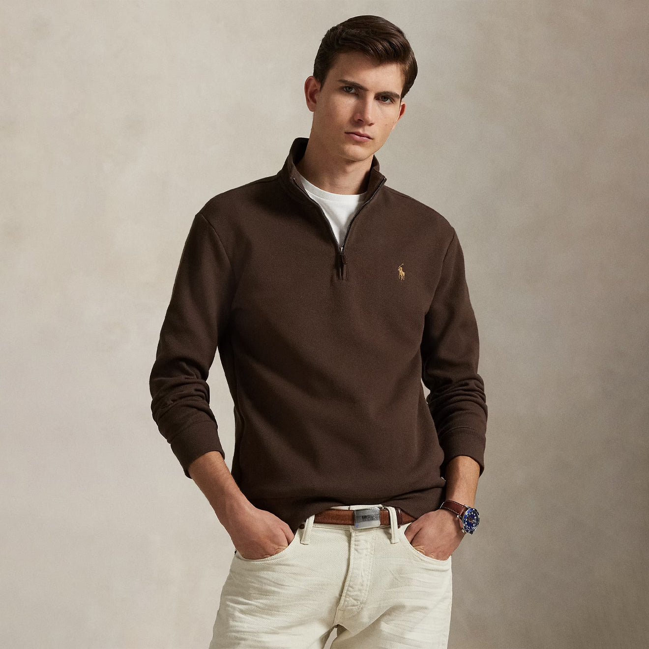 Polo Ralph Lauren Double-Knit Mesh Quarter-Zip Pullover Nutmeg Brown