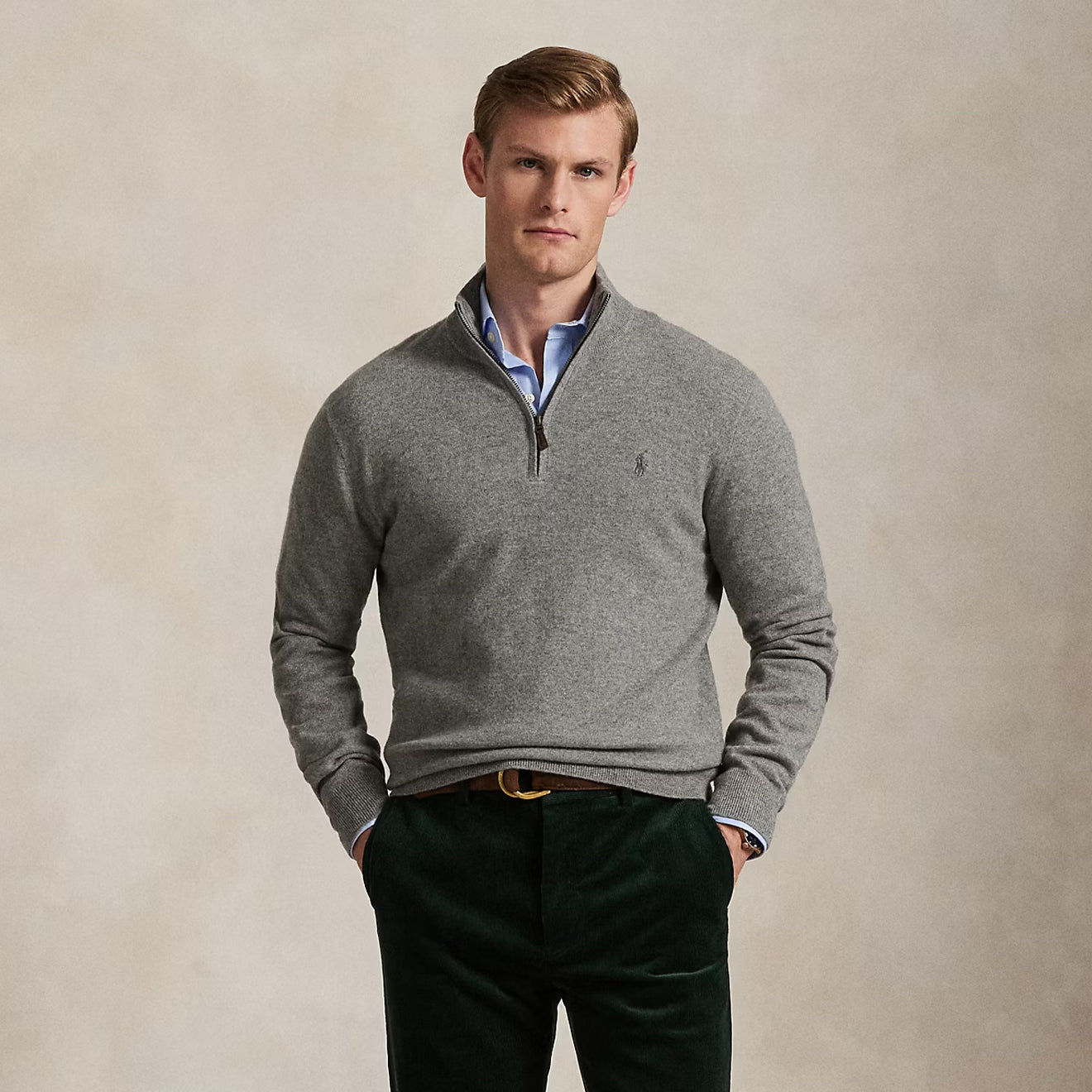 Polo Ralph Lauren Wool Quarter-Zip Sweater Fawn Heather Grey