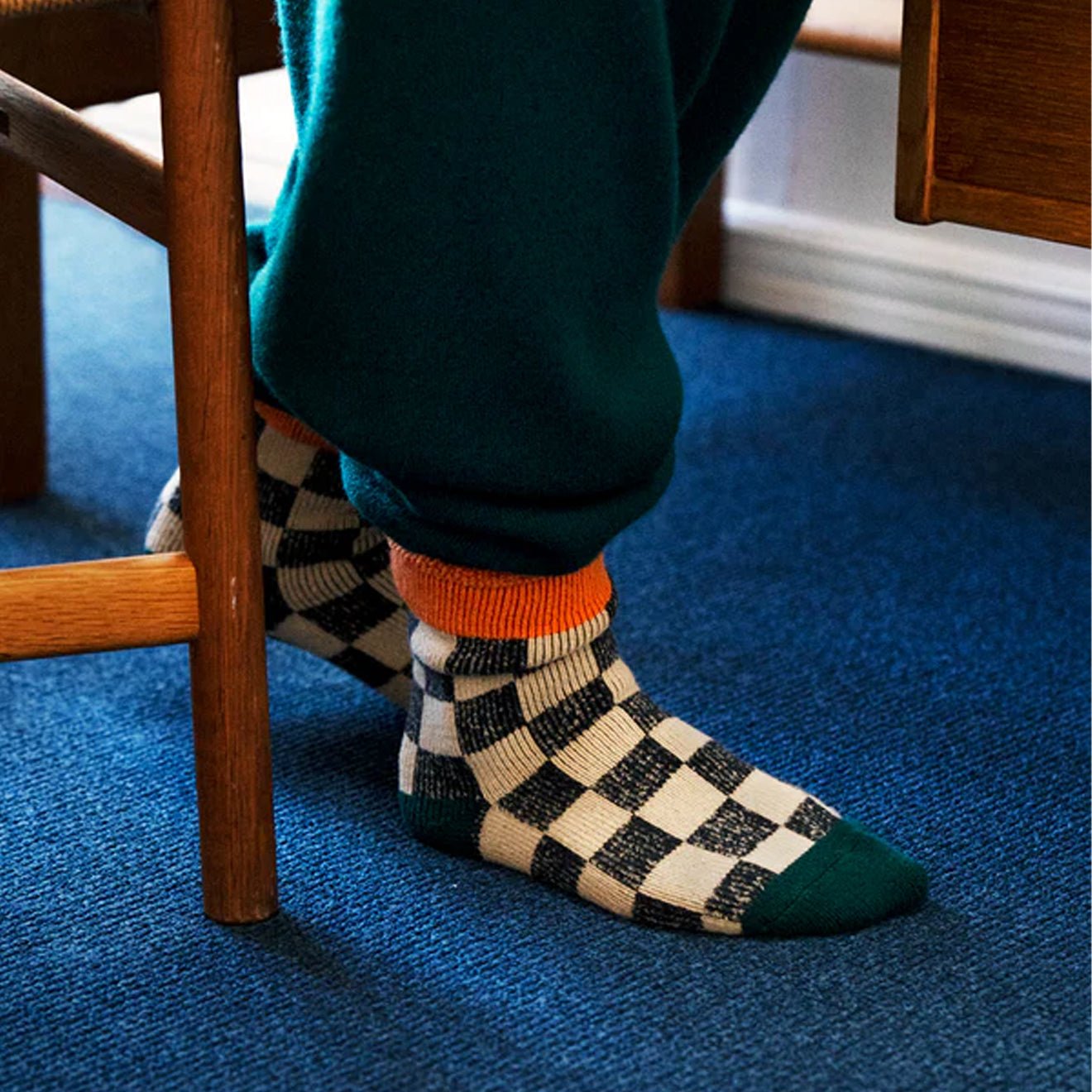 ROTOTO Pile Room Socks Checkerboard Light Orange / Dark Green - The Sporting Lodge