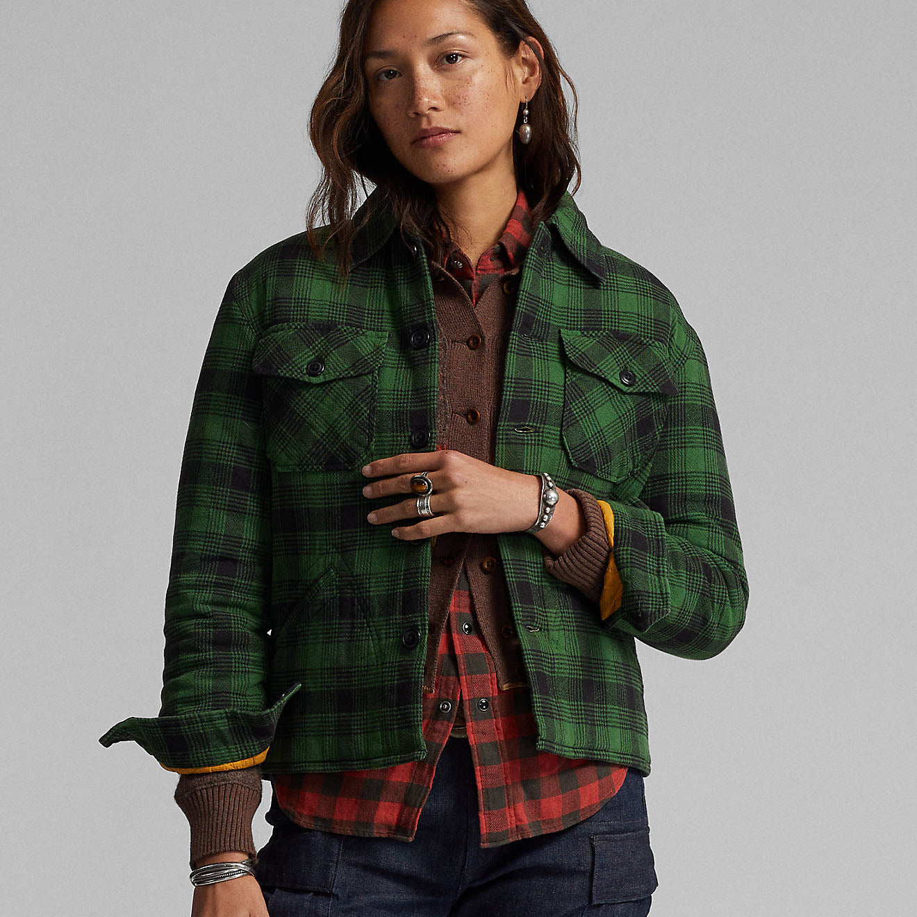RRL by Ralph Lauren Womens Brown Bear Long Sleeve Button Front Shirt Green / Mountain Yellow-6