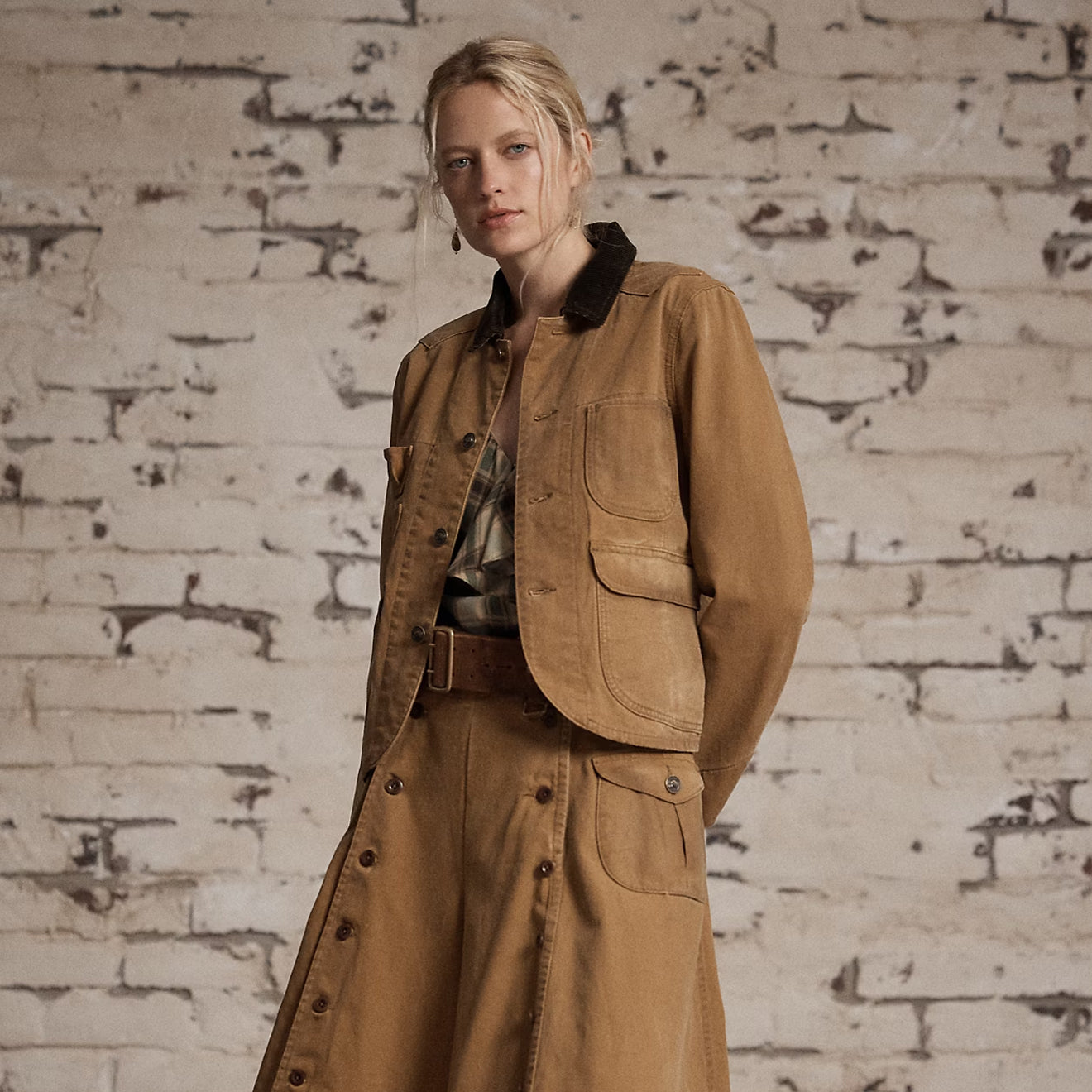 RRL By Ralph Lauren Womens Corduroy-Collar Canvas Jacket Medium Tan