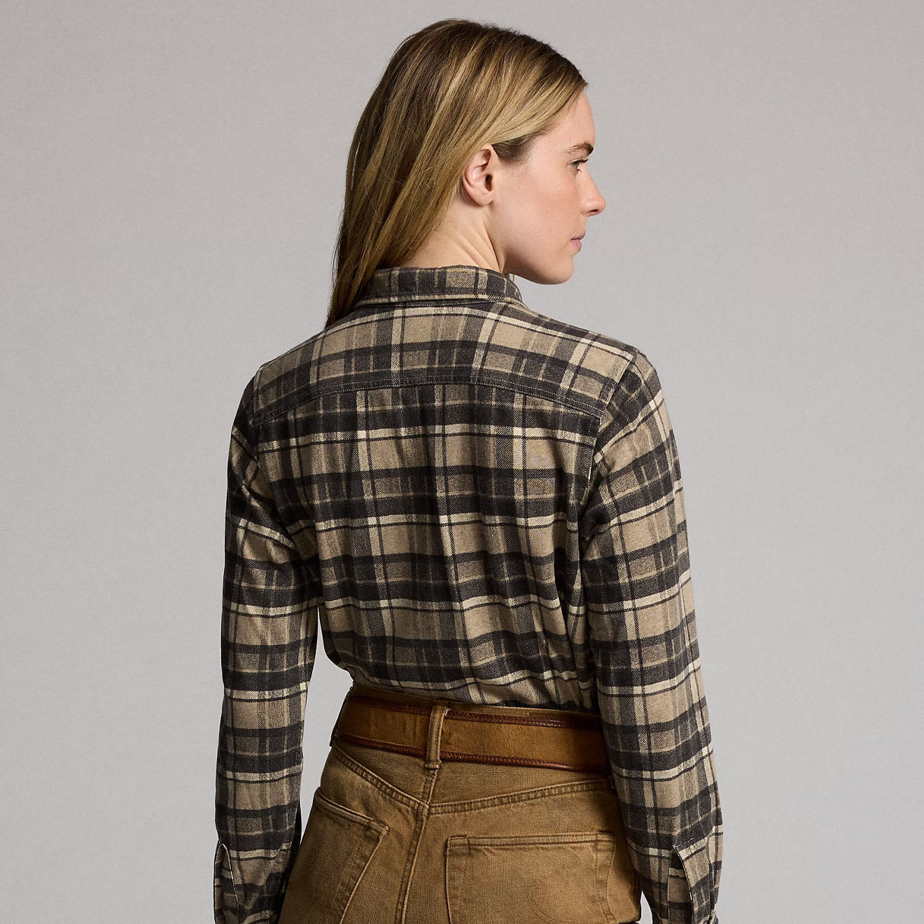 RRL By Ralph Lauren Womens Plaid Linen-Cotton Jersey Workshirt Tan/Black - The Sporting Lodge