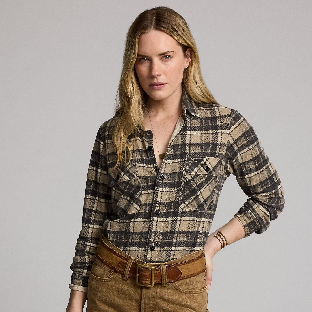 RRL By Ralph Lauren Womens Plaid Linen-Cotton Jersey Workshirt Tan/Black - The Sporting Lodge