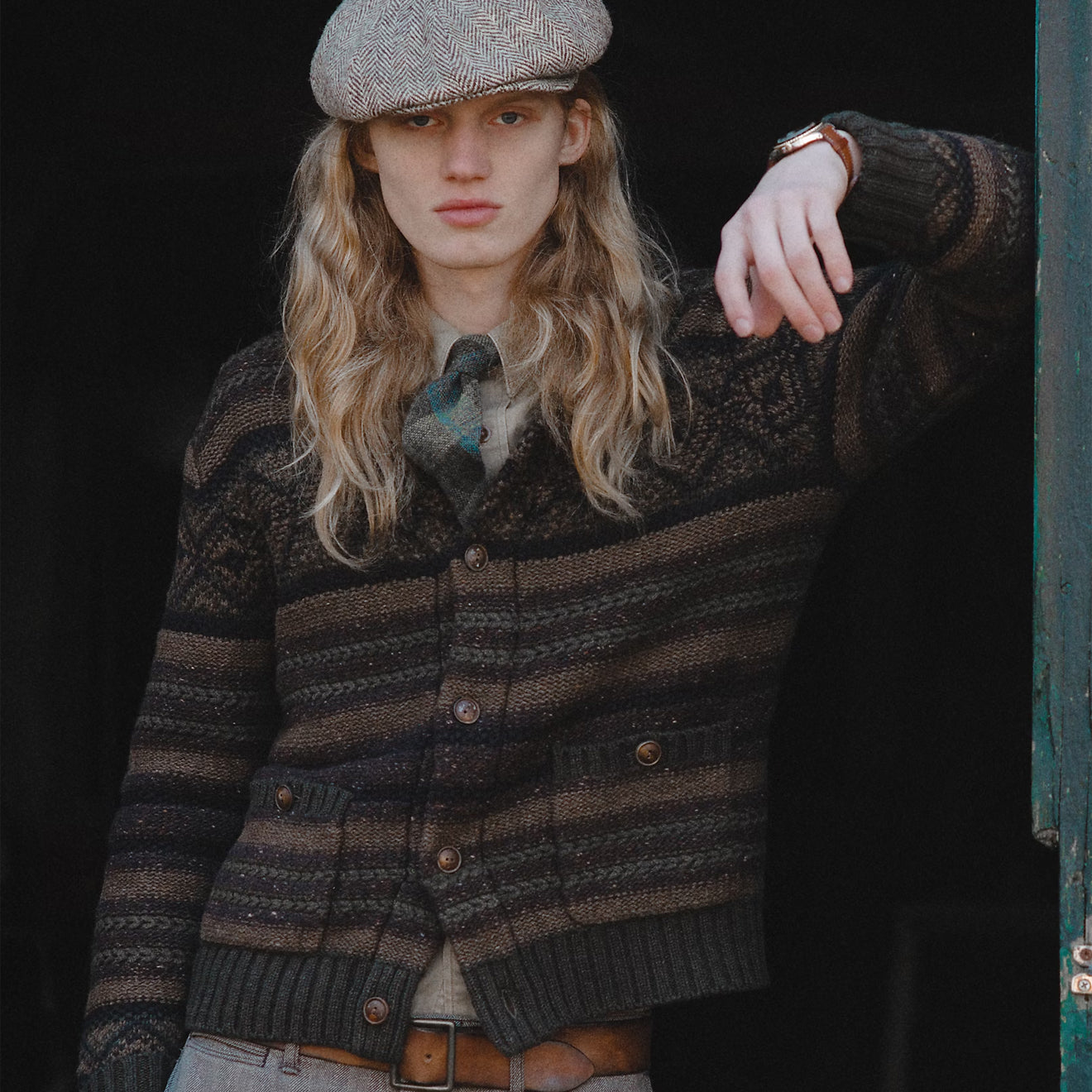 RRL By Ralph Lauren Wool Cotton Shawl Collar Cardigan Brown Olive Multi