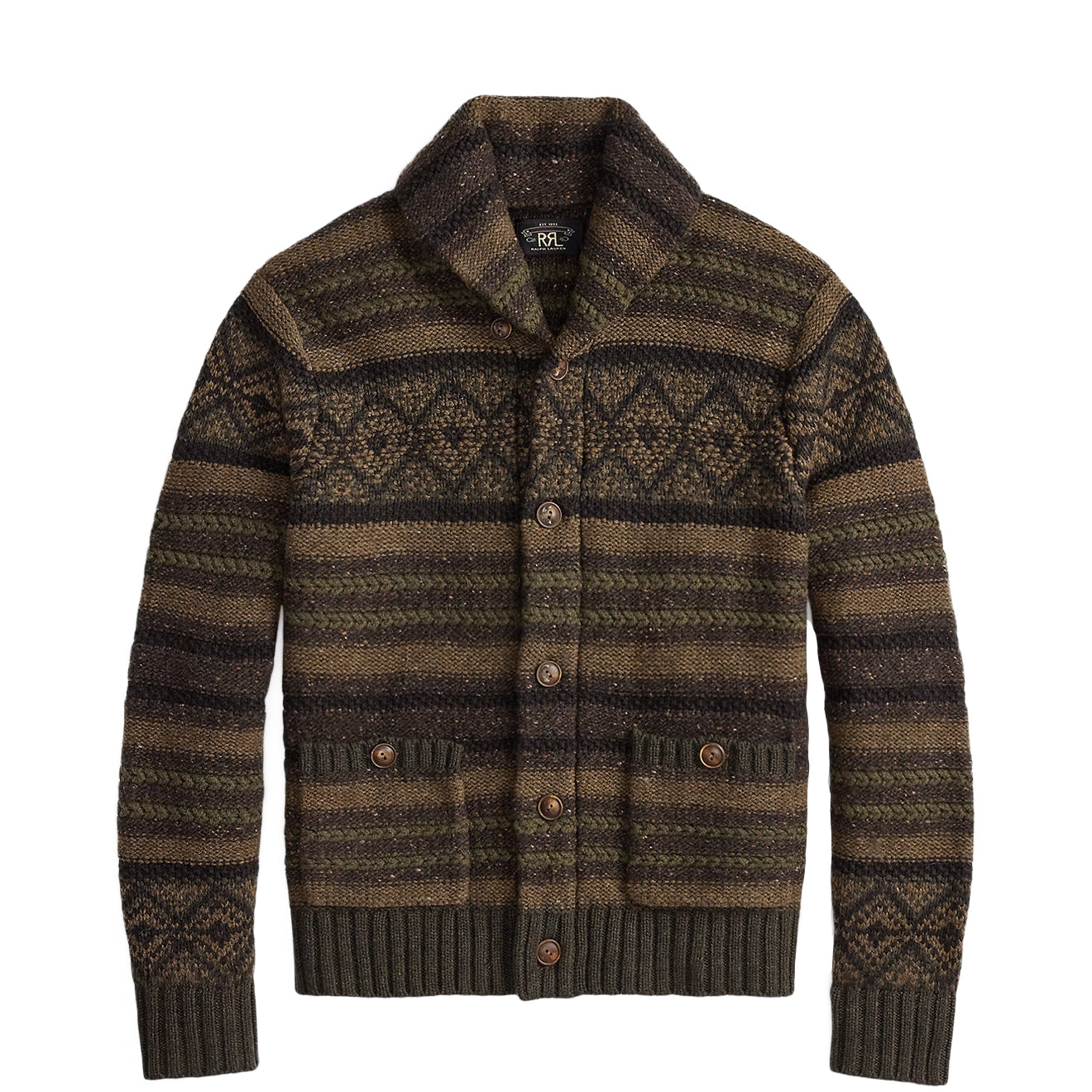 RRL By Ralph Lauren Wool Cotton Shawl Collar Cardigan Brown Olive Multi