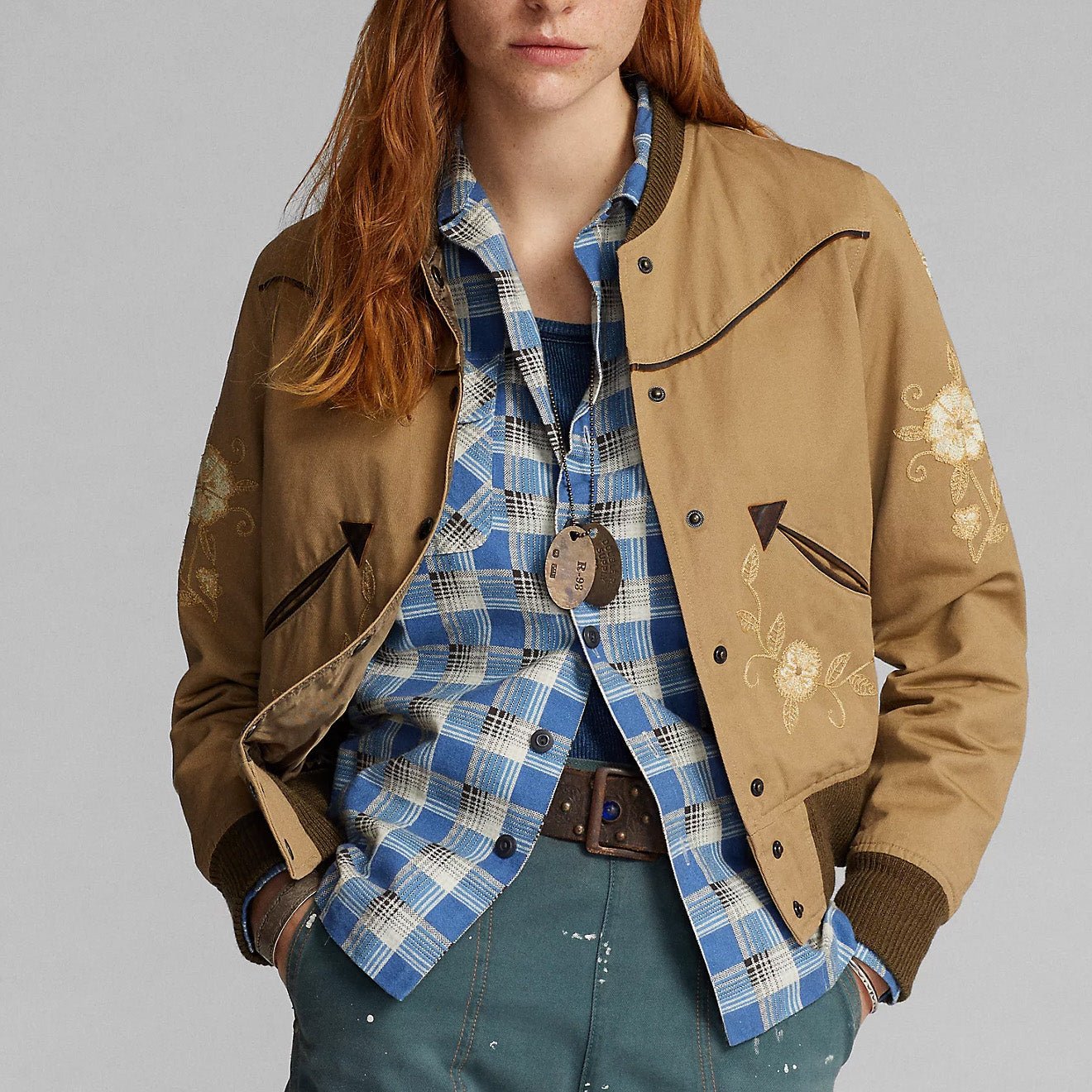RRL by Ralph Lauren Womens Embroidered Sateen Western Jacket Khaki Tan - The Sporting Lodge
