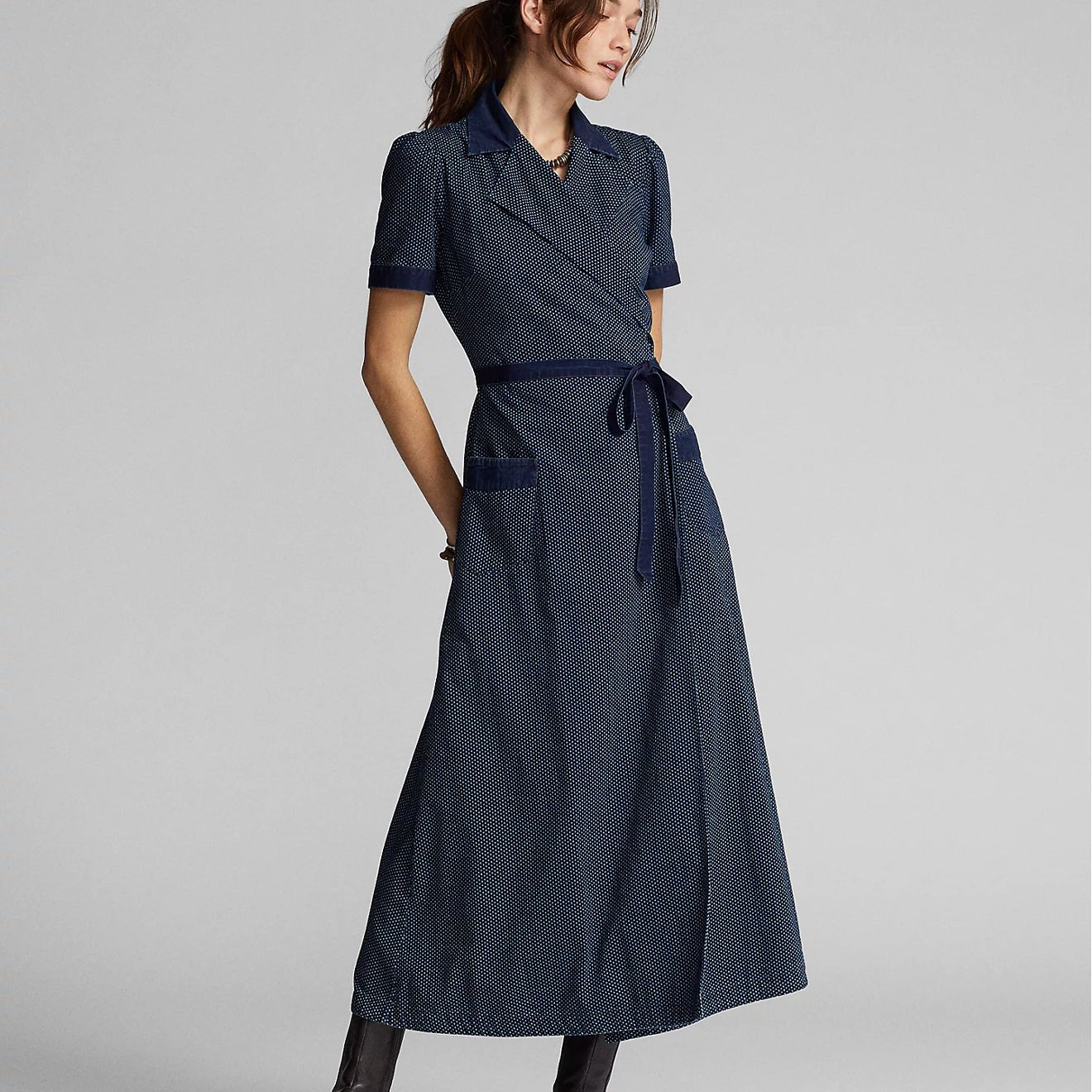 RRL by Ralph Lauren Womens Indigo Polka-Dot Cotton Wrap Dress Dark Indigo - The Sporting Lodge