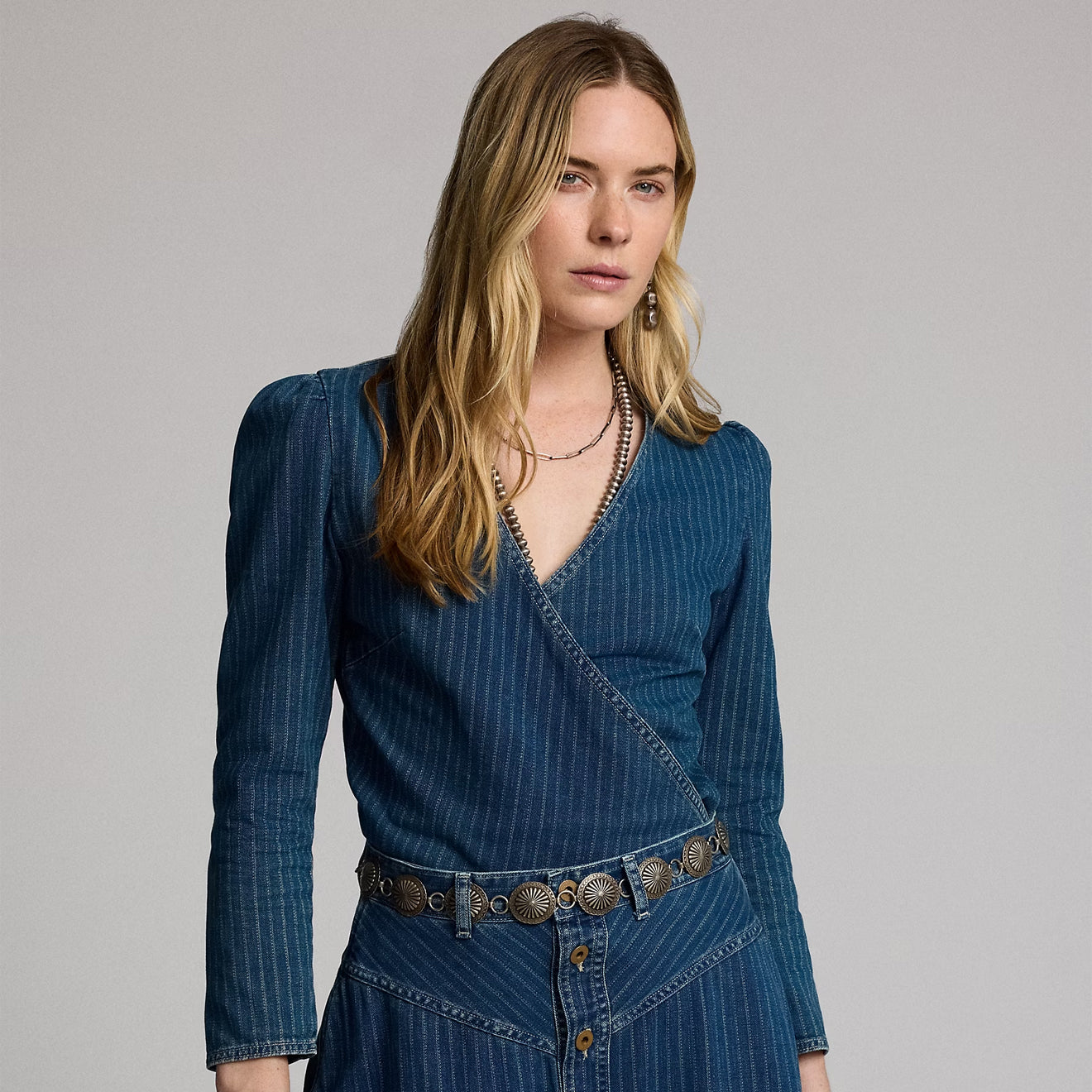 RRL by Ralph Lauren Womens Indigo Striped Denim Wrap Top Medium Indigo - The Sporting Lodge