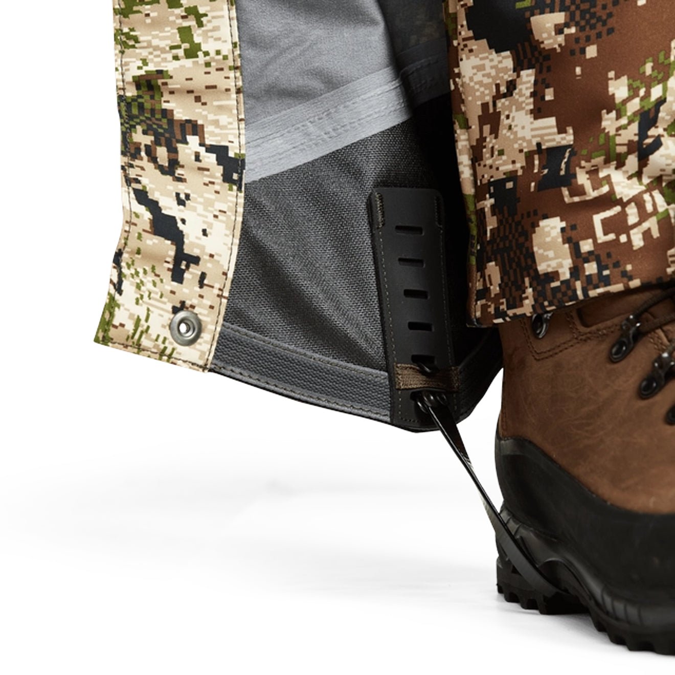 Sitka Stormfront GTX Gaiter Optifade Subalpine close-up with boot and lower leg detail