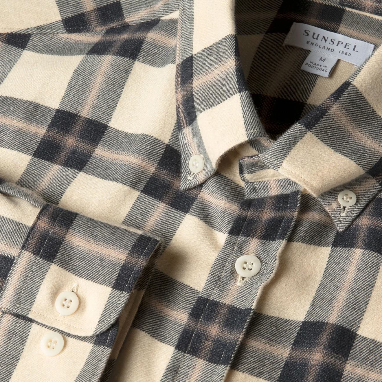 Sunspel Brushed Cotton Flannel Check Shirt Ecru / Truffle Check