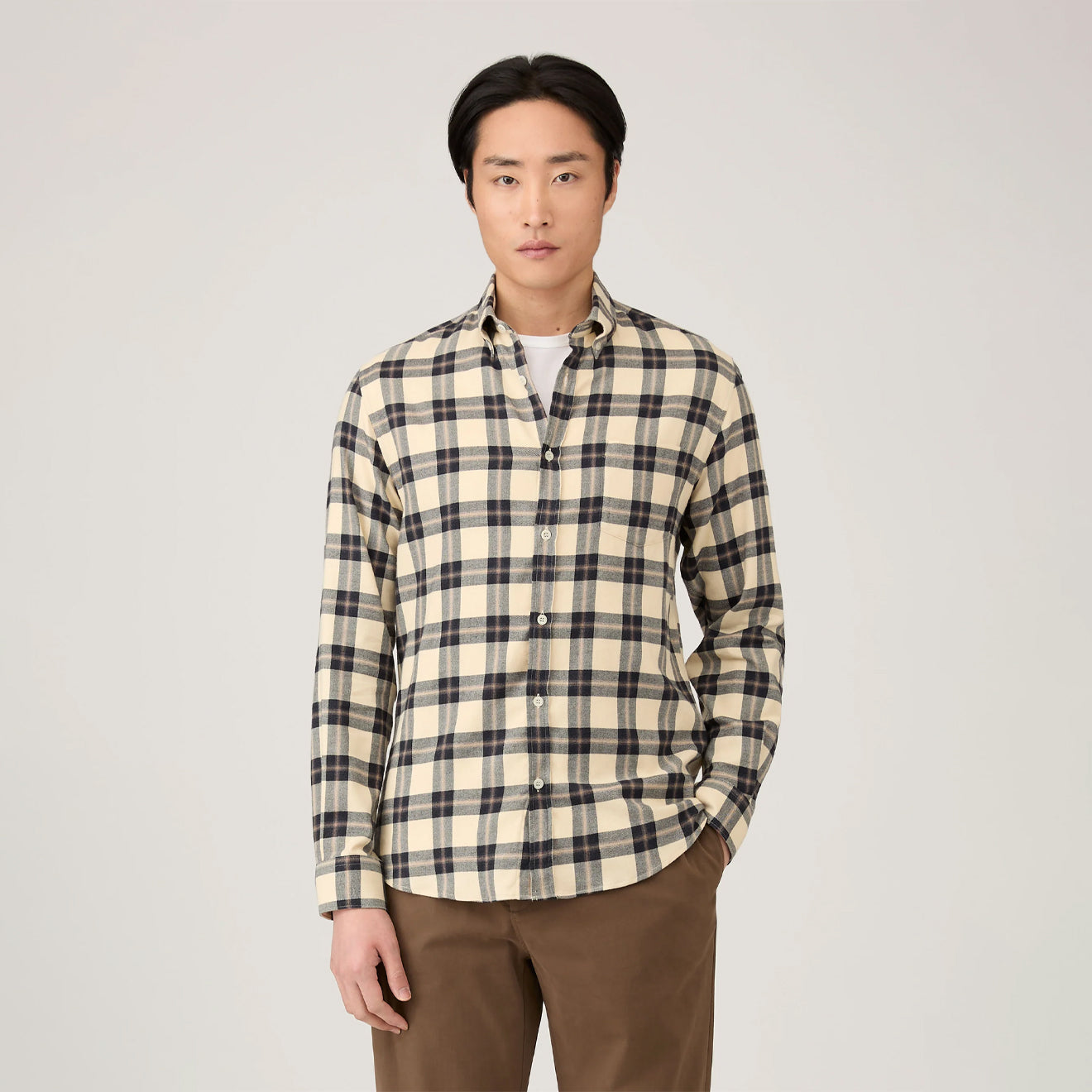 Sunspel Brushed Cotton Flannel Check Shirt Ecru / Truffle Check