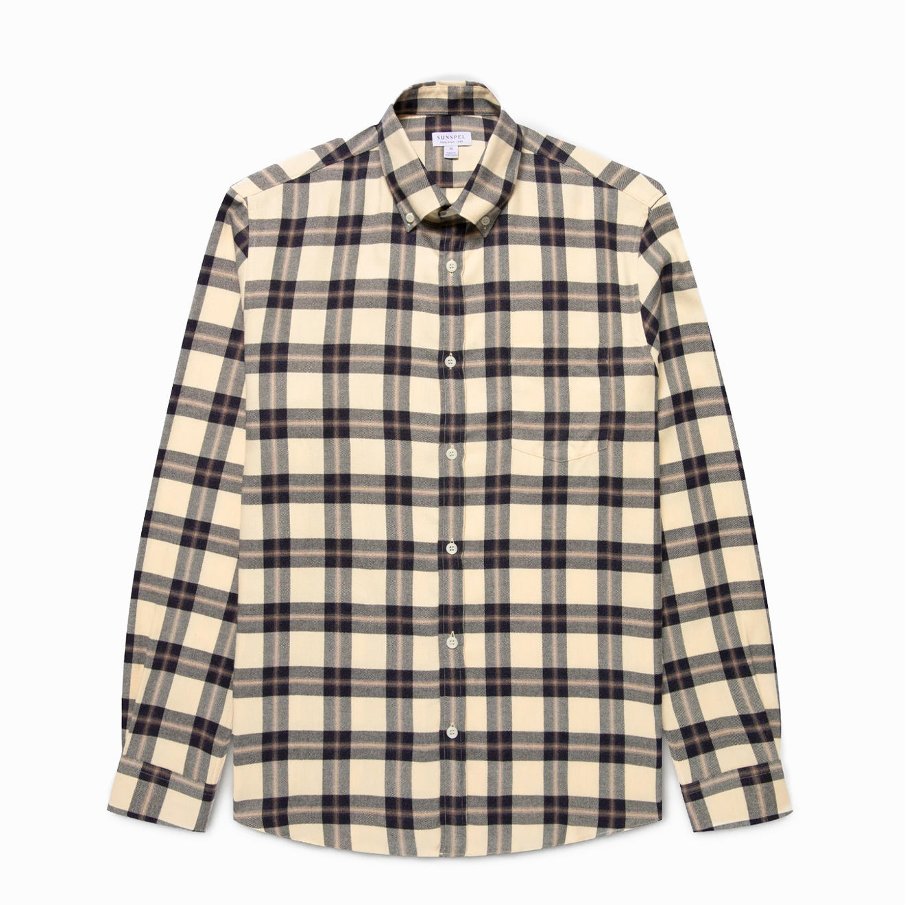 Sunspel Brushed Cotton Flannel Check Shirt Ecru / Truffle Check