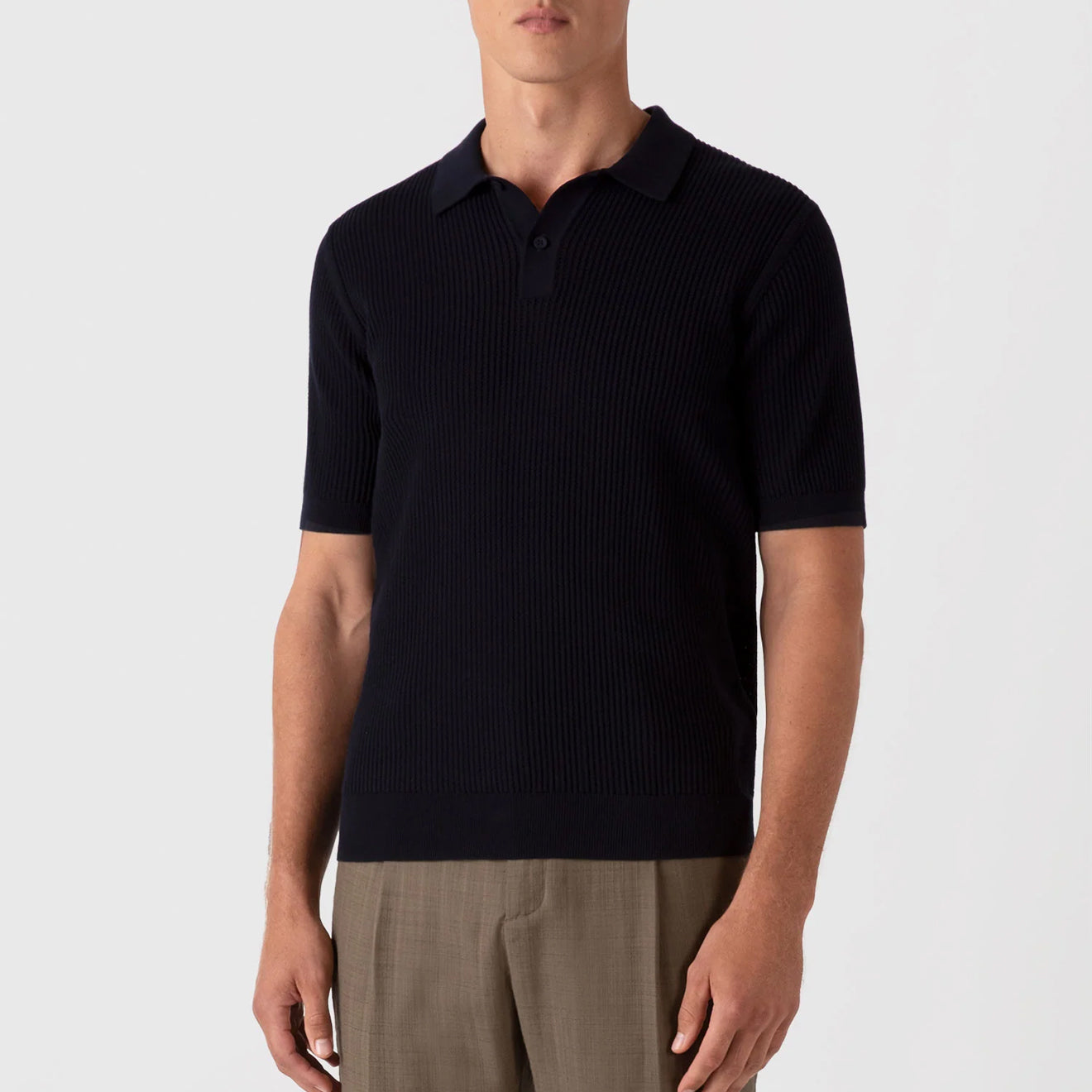 Sunspel Mesh Stitch S/S Polo Knitwear Navy - The Sporting Lodge