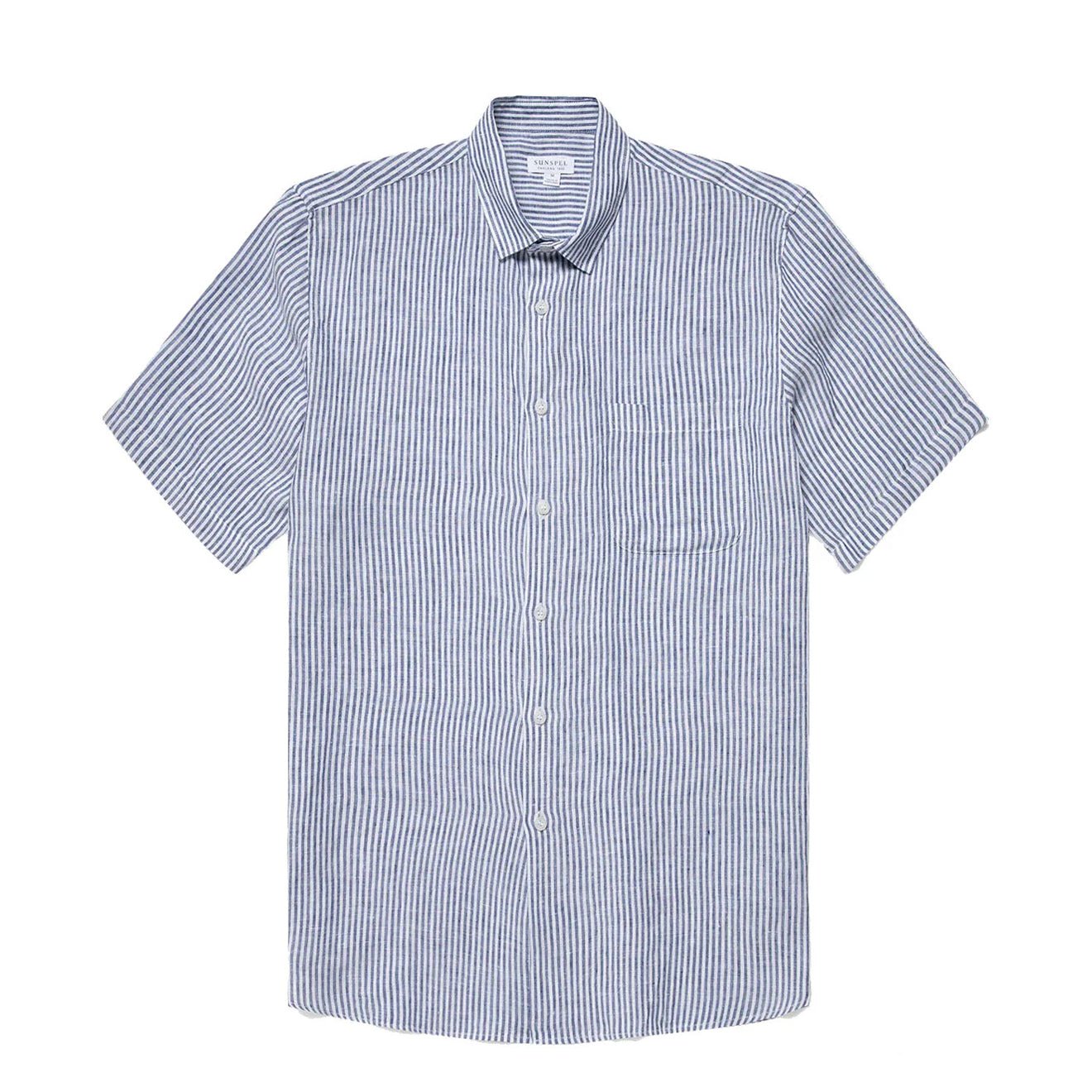 Sunspel SS Italian Linen Shirt Navy / White Linen Stripe - The Sporting Lodge