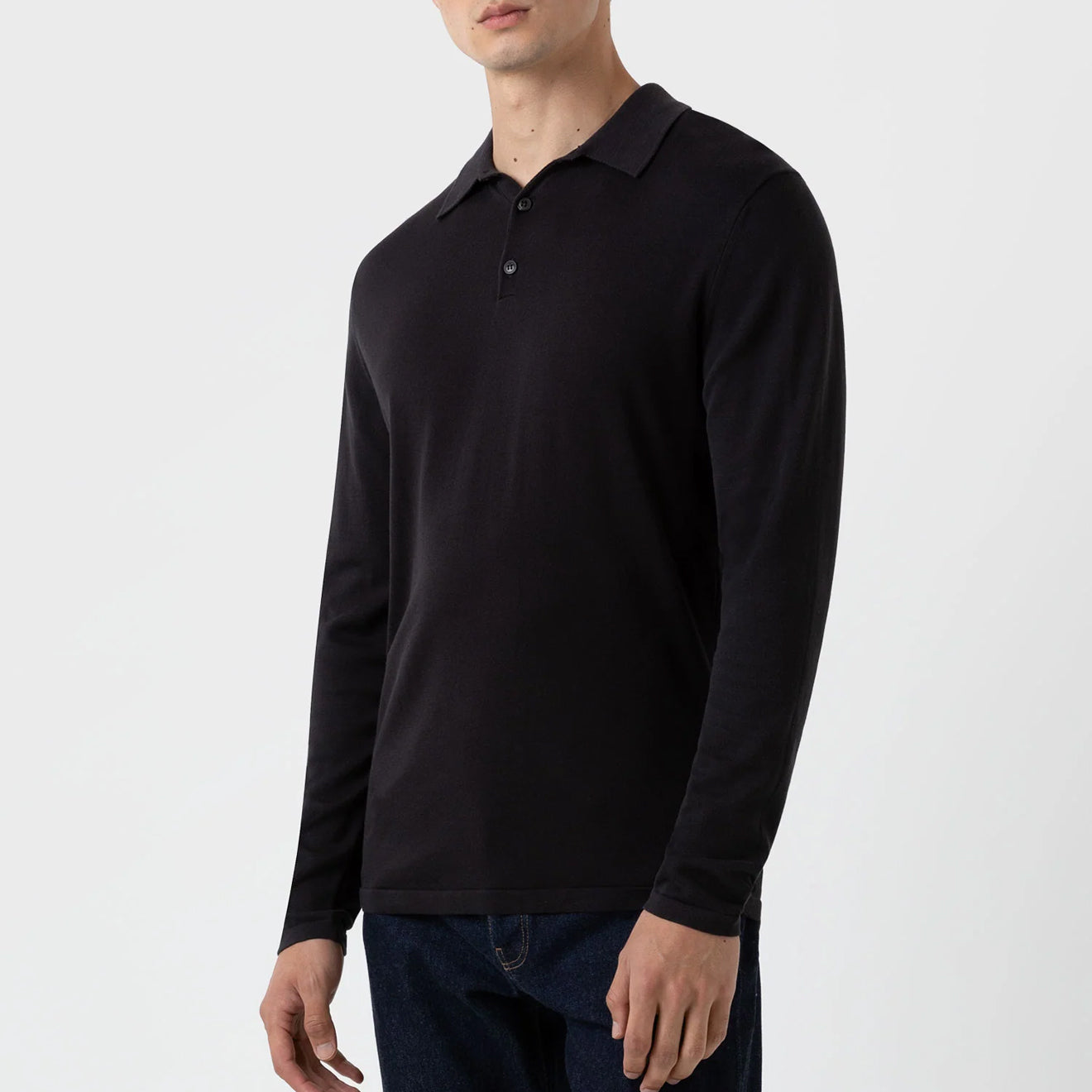 Sunspel Sea Island L/S Polo Knitwear Black - The Sporting Lodge