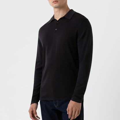 Sunspel Sea Island L/S Polo Knitwear Black - The Sporting Lodge