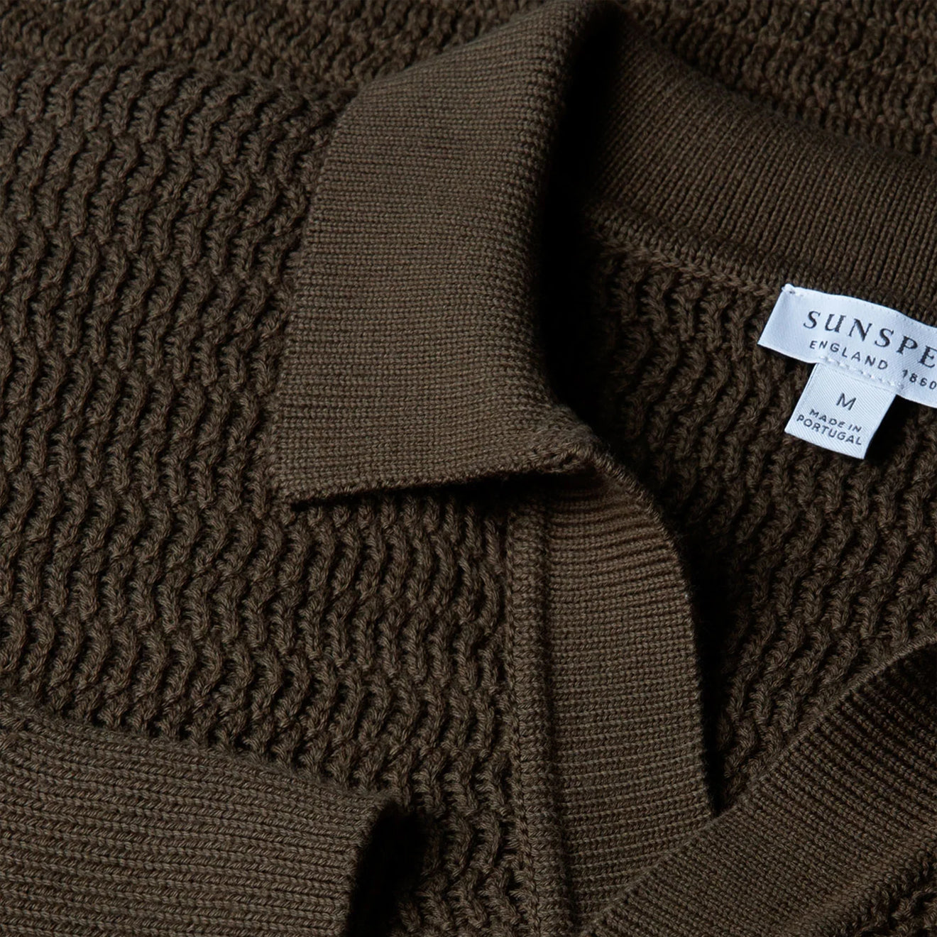 Sunspel Textured Cotton L/S Polo Knitwear Khaki - The Sporting Lodge