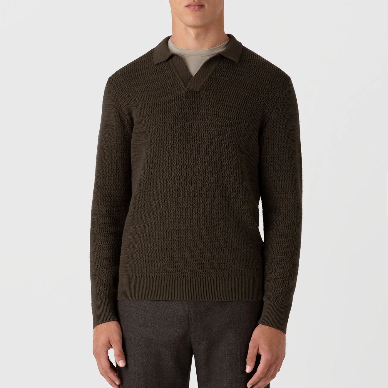 Sunspel Textured Cotton L/S Polo Knitwear Khaki - The Sporting Lodge